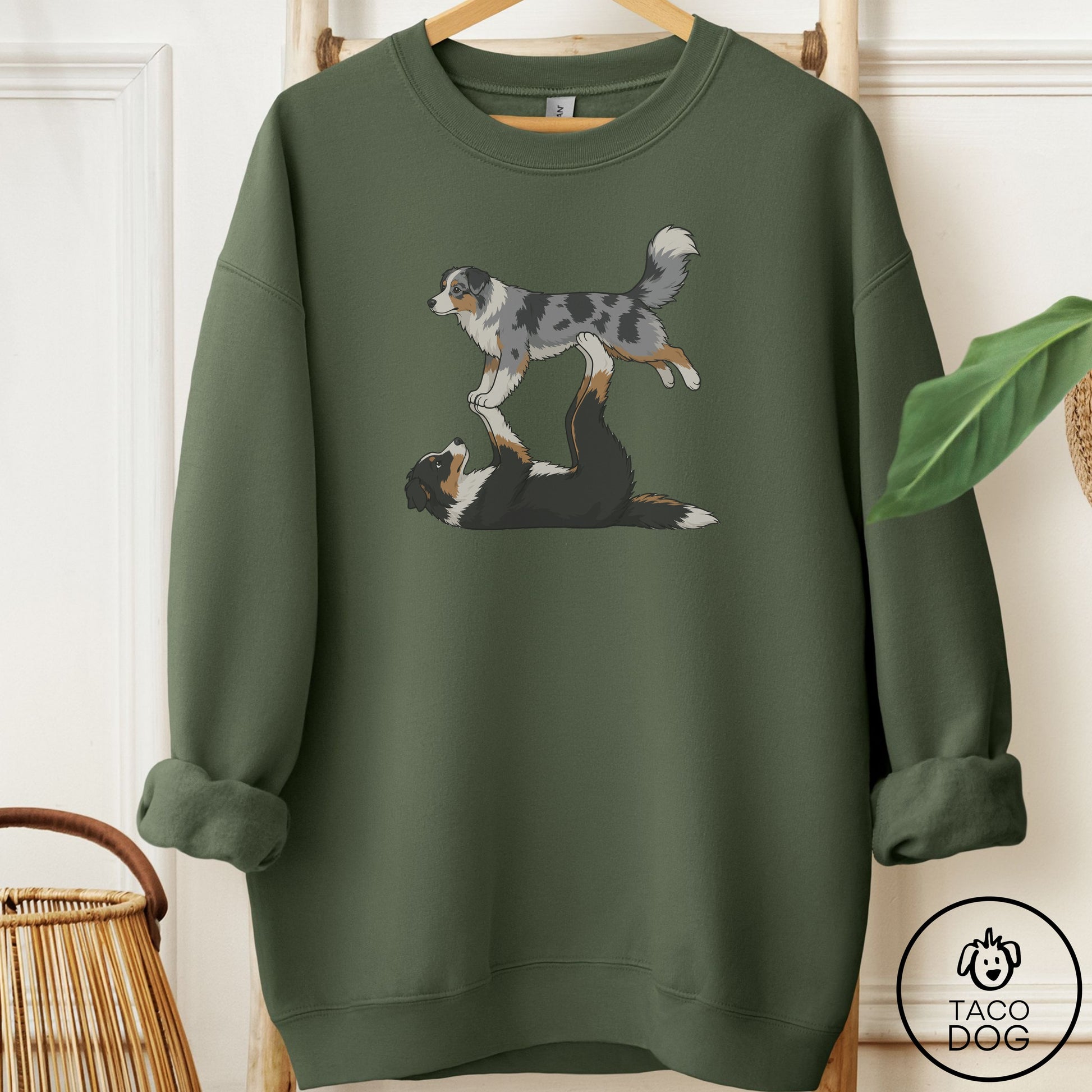 Australian Shepherd Flying Feet Sweatshirt Military Green Taco-Dog