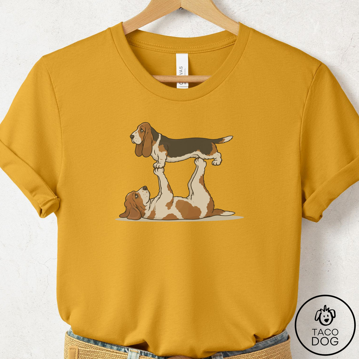 Basset Hound Flying Feet T-Shirt Mustard Taco-Dog