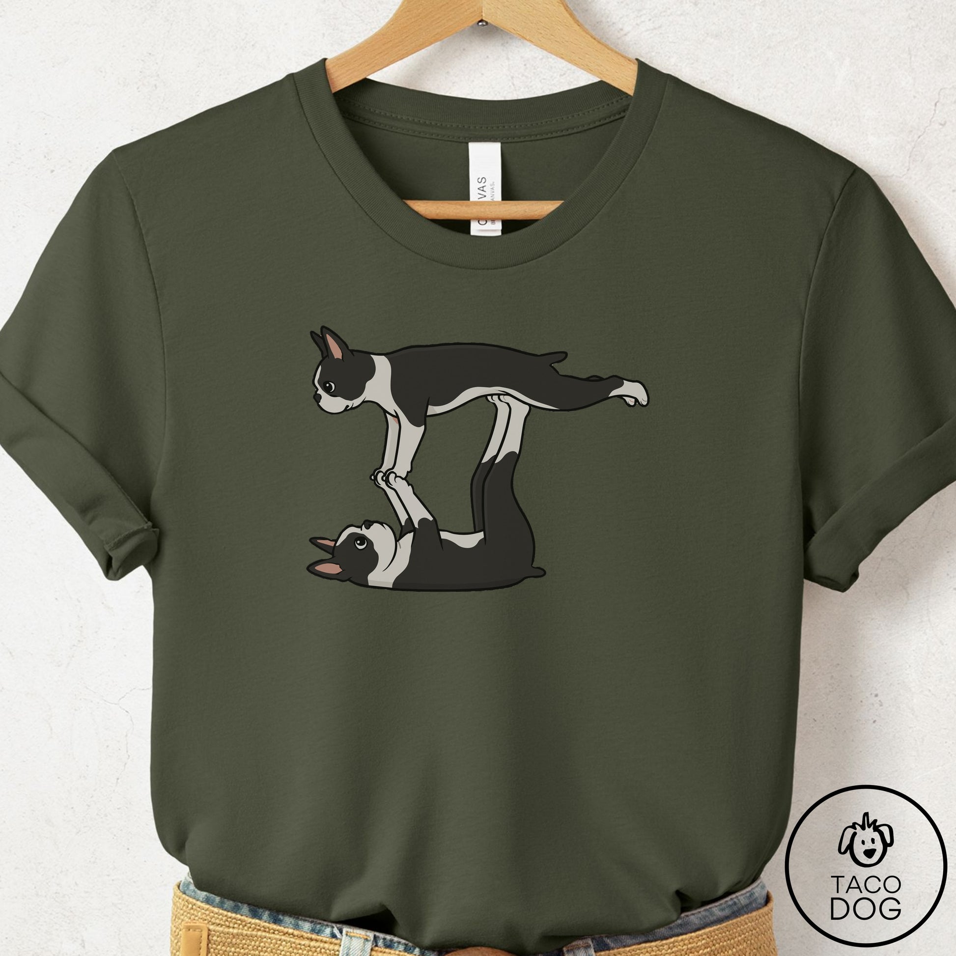 Boston Terrier Flying Feet T-Shirt Military Green Taco-Dog