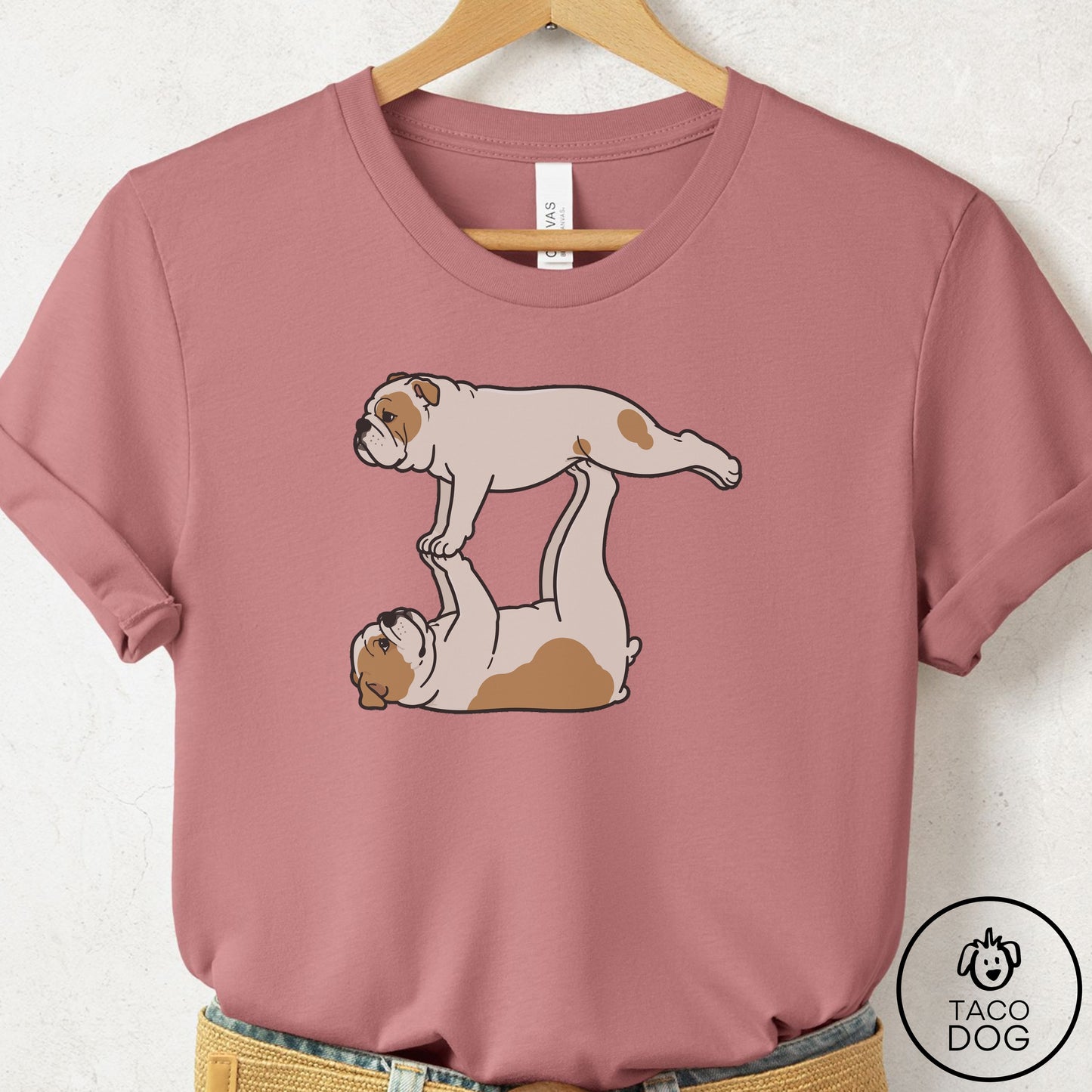 English Bulldog Flying Feet T-Shirt Mauve Taco-Dog