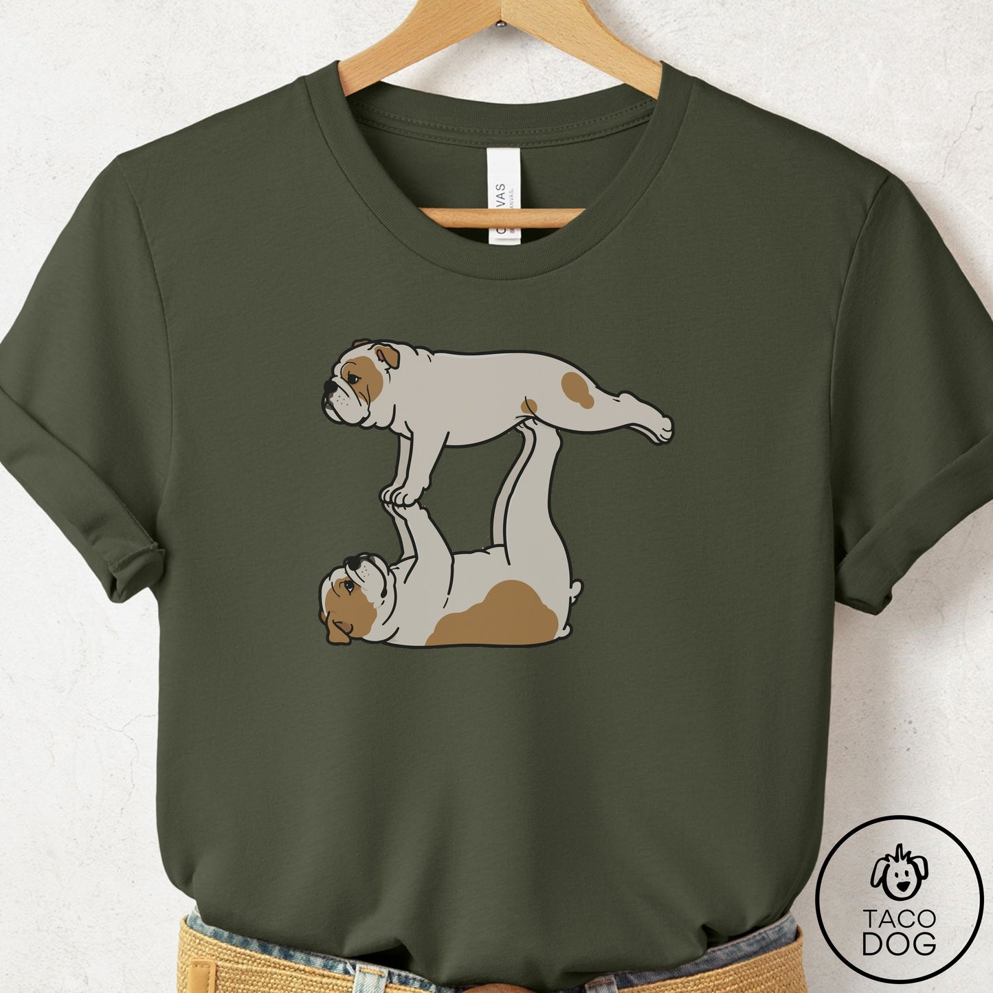 English Bulldog Flying Feet T-Shirt Military Green Taco-Dog