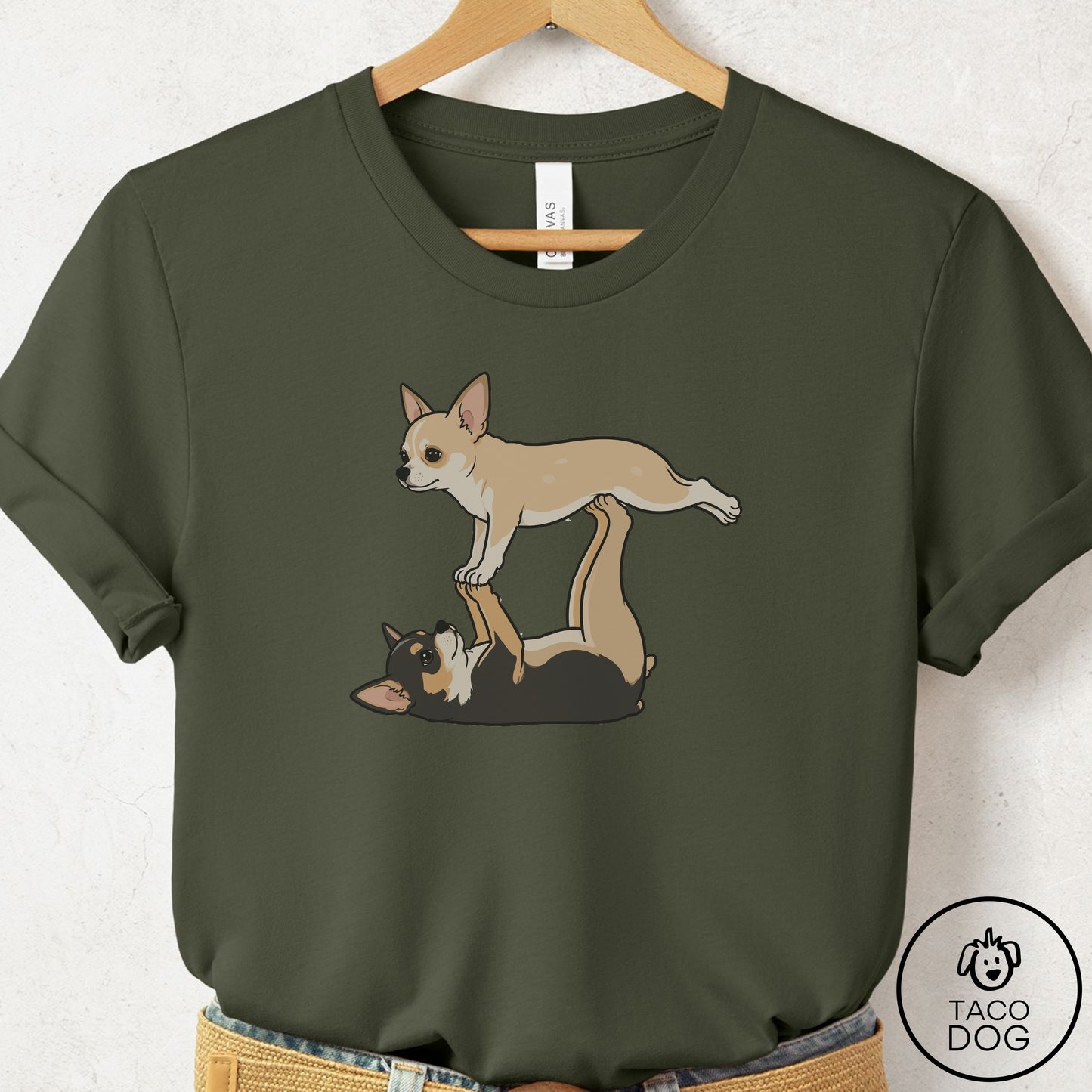 Chihuahua Flying Feet T-Shirt Military Green Taco-Dog