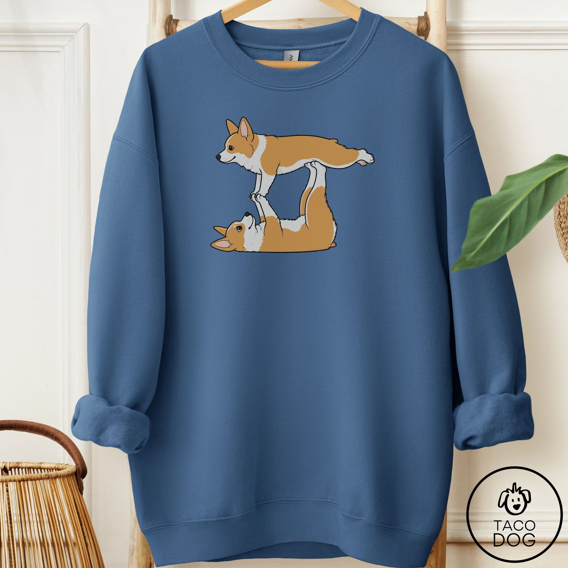 Corgi Flying Feet Sweatshirt Indigo Blue Taco-Dog