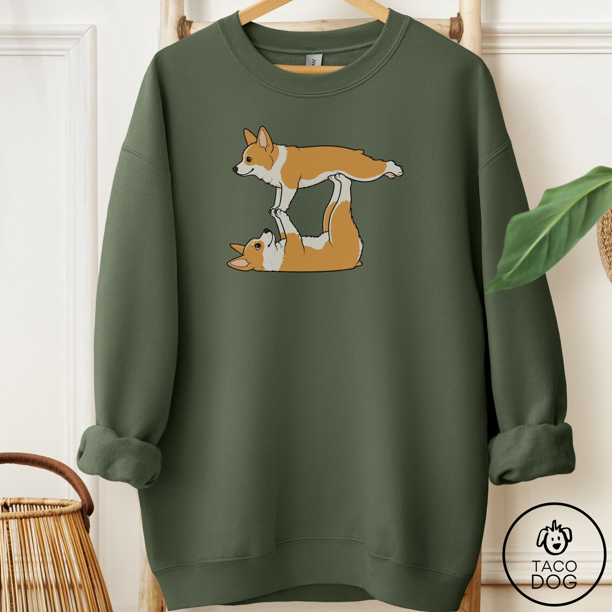 Corgi Flying Feet Sweatshirt Military Green Taco-Dog