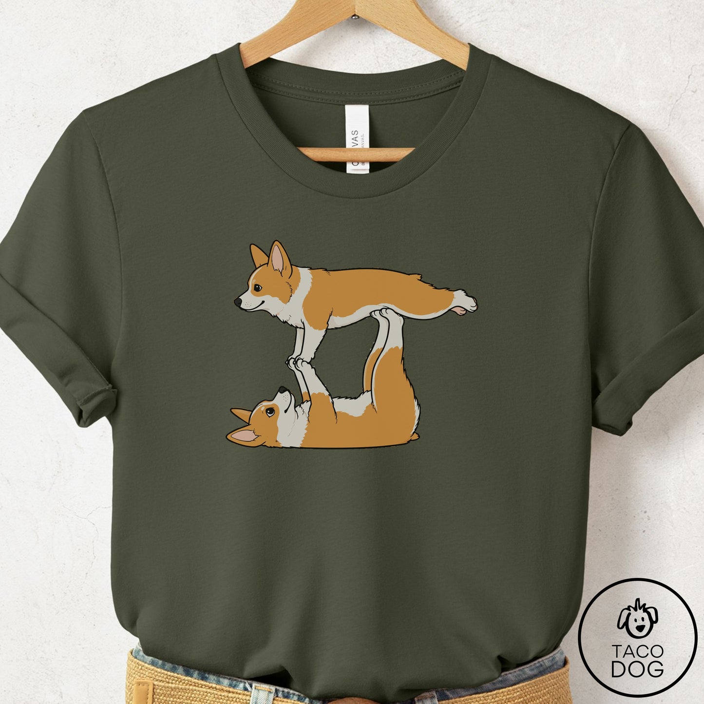 Corgi Flying Feet T-Shirt Military Green Taco-Dog