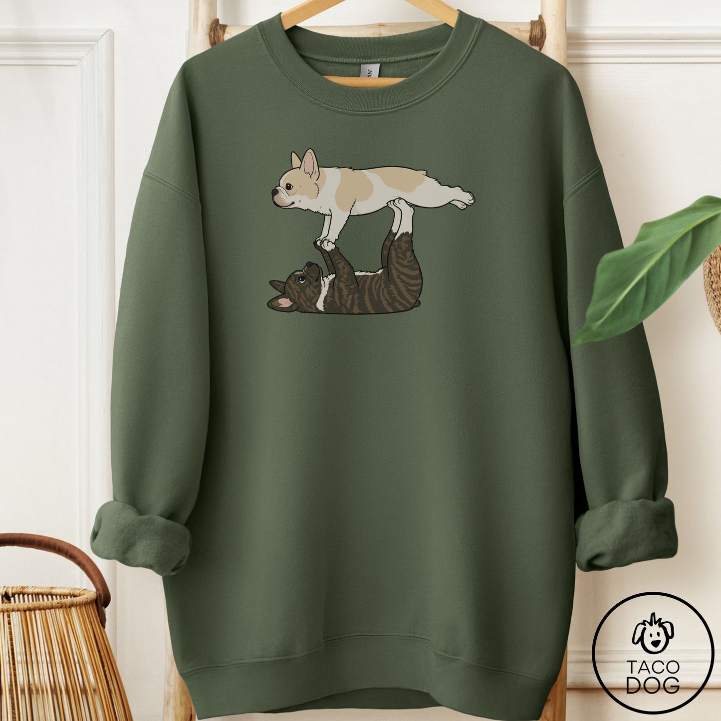 French Bulldog Frenchie Flying Feet Sweatshirt Military Green Taco-Dog