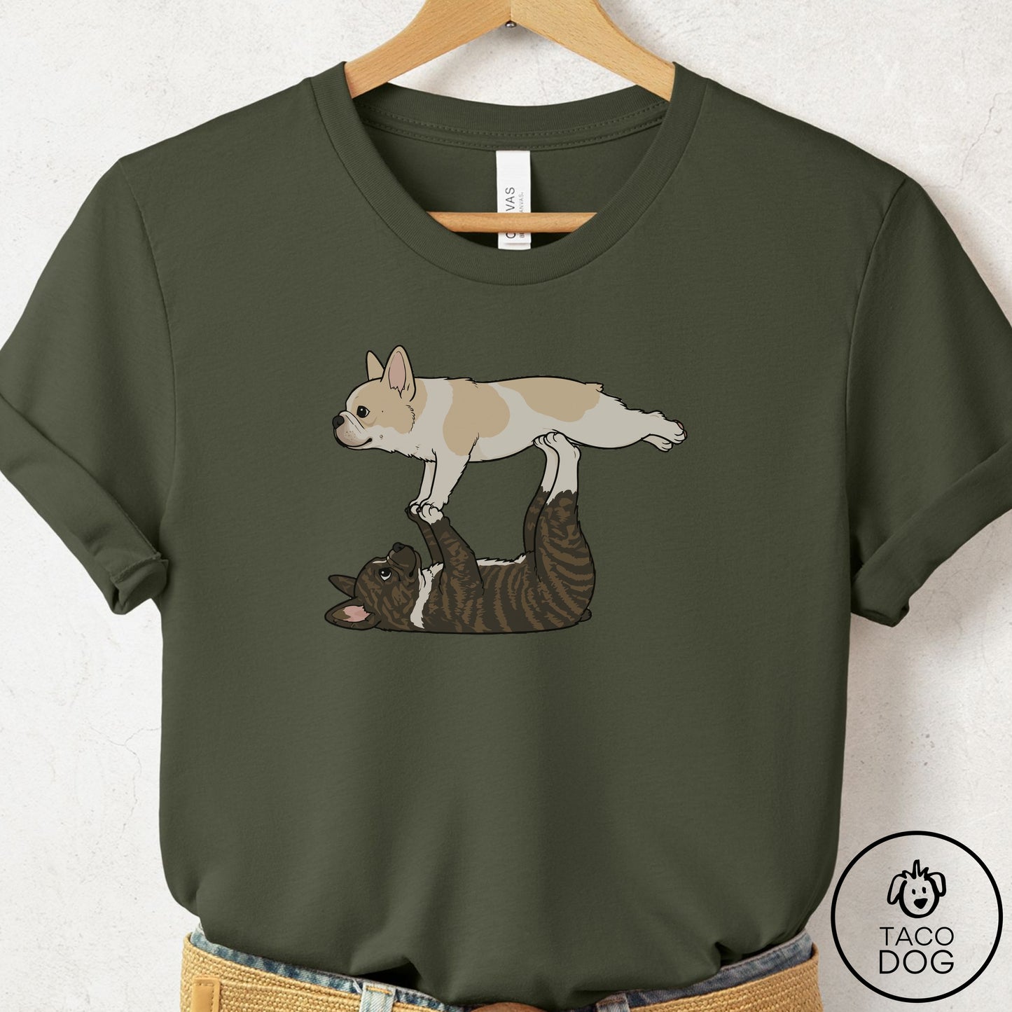 French Bulldog Frenchie Flying Feet T-Shirt Military Green Taco-Dog