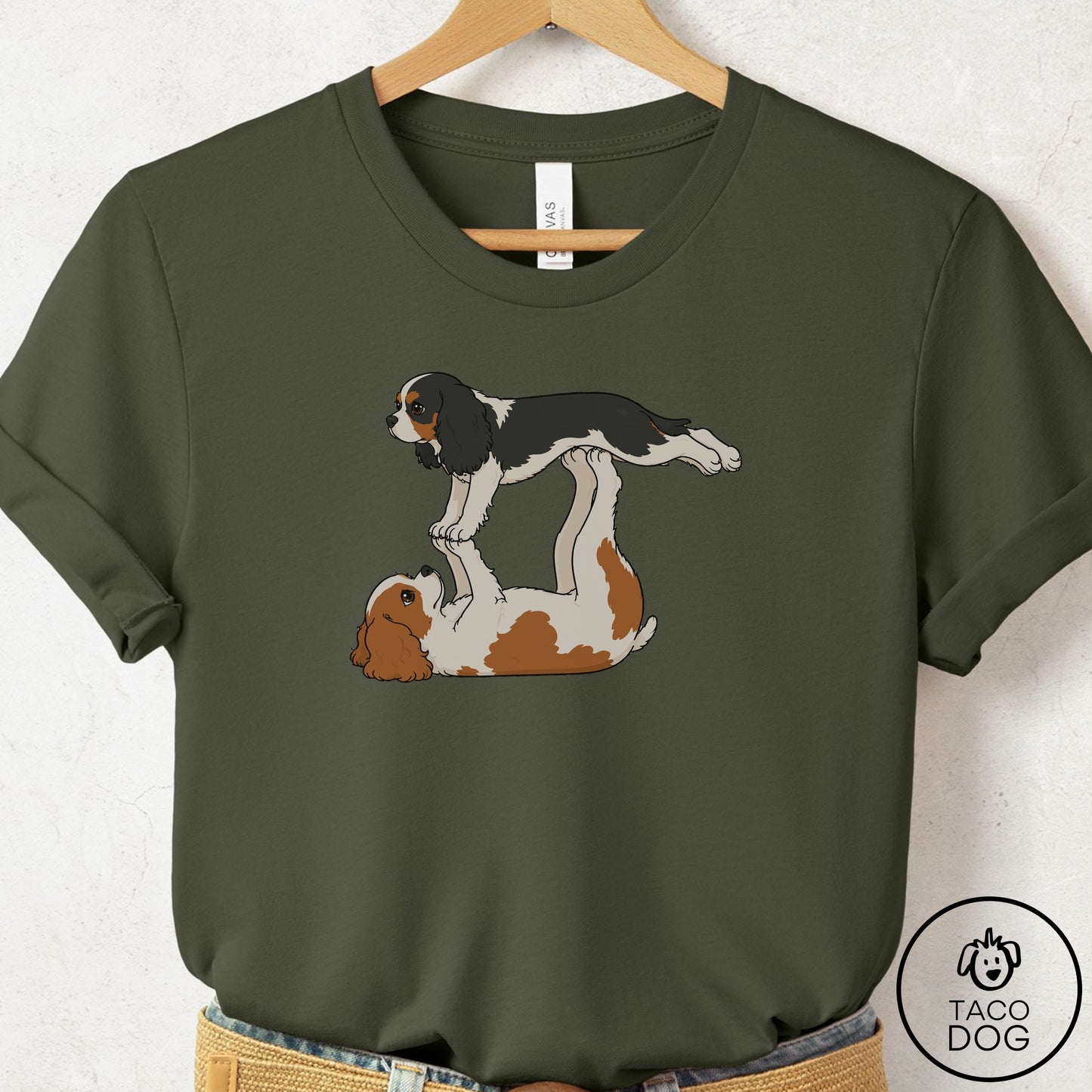 Cavalier King Charles Spaniel Flying Feet T-Shirt Military Green Taco-Dog
