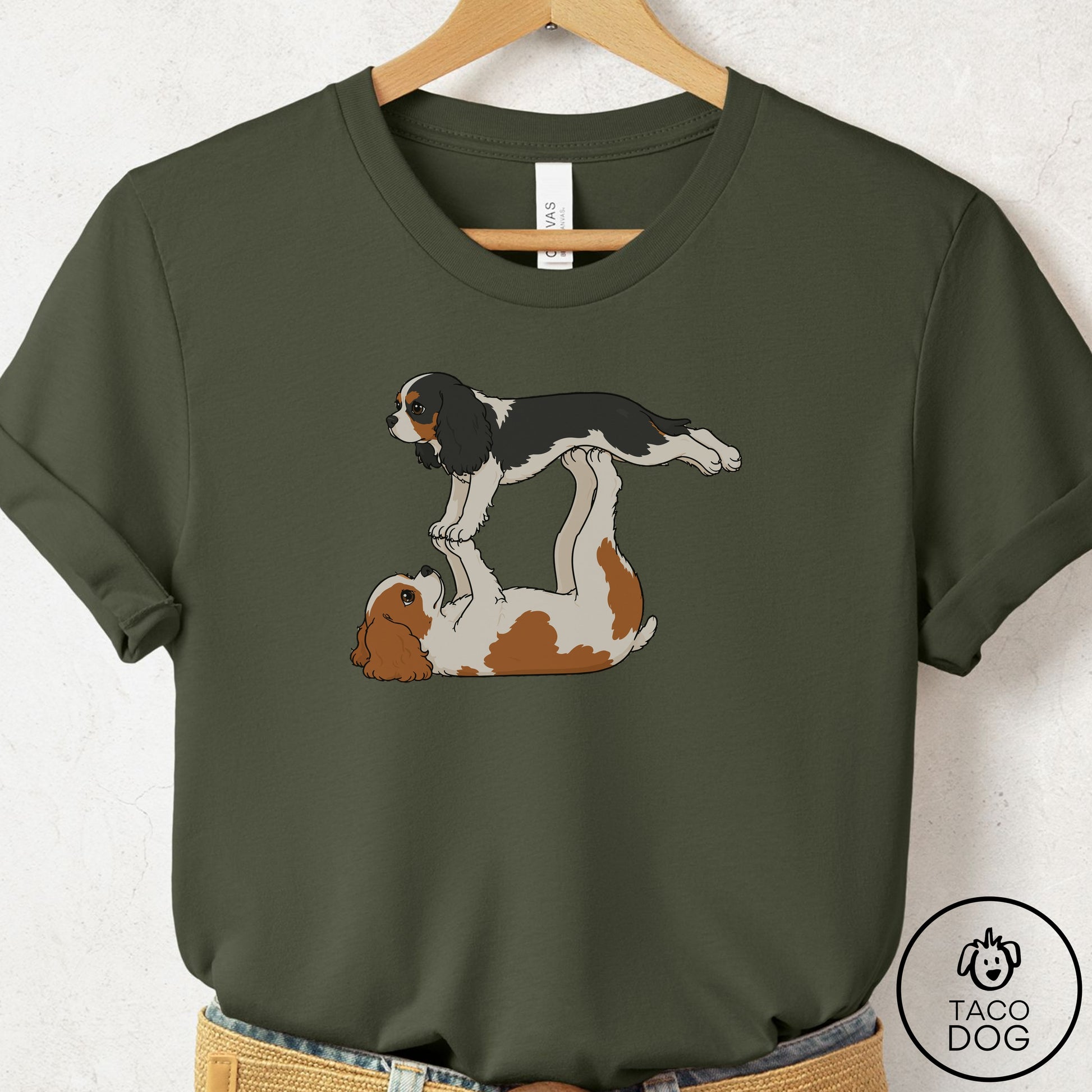 Cavalier King Charles Spaniel Flying Feet T-Shirt Military Green Taco-Dog