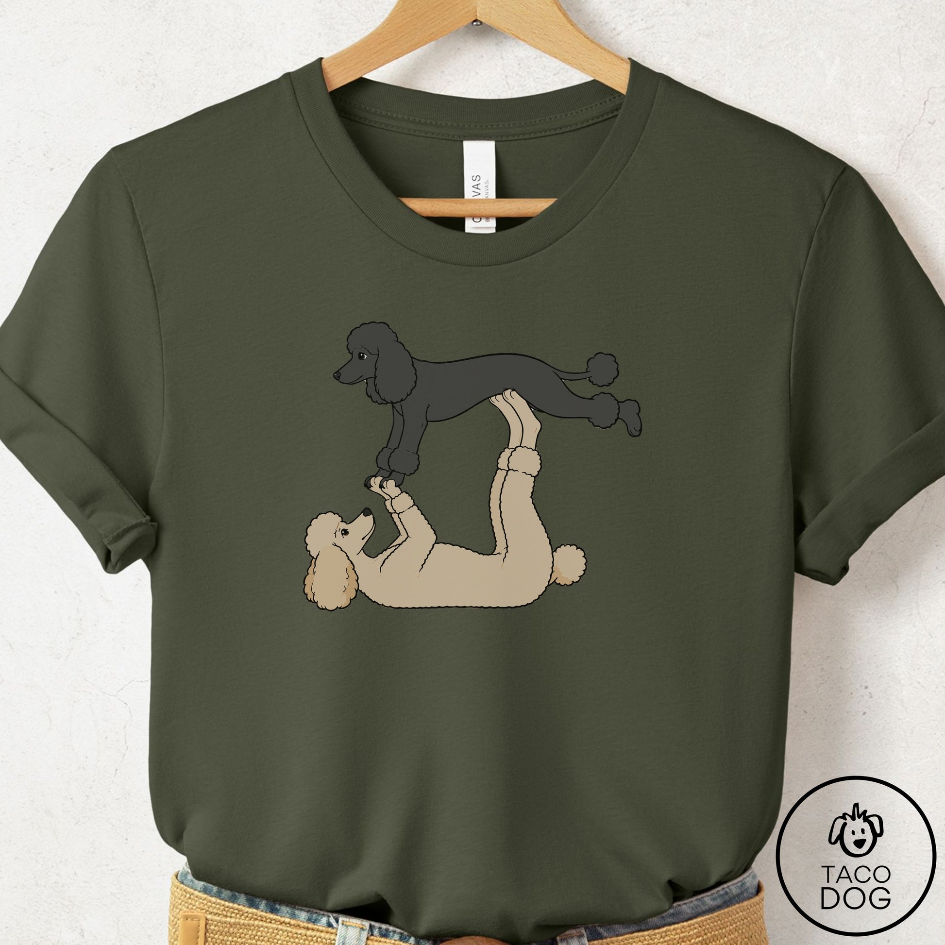 Poodle Flying Feet T-Shirt Military Green Taco-Dog