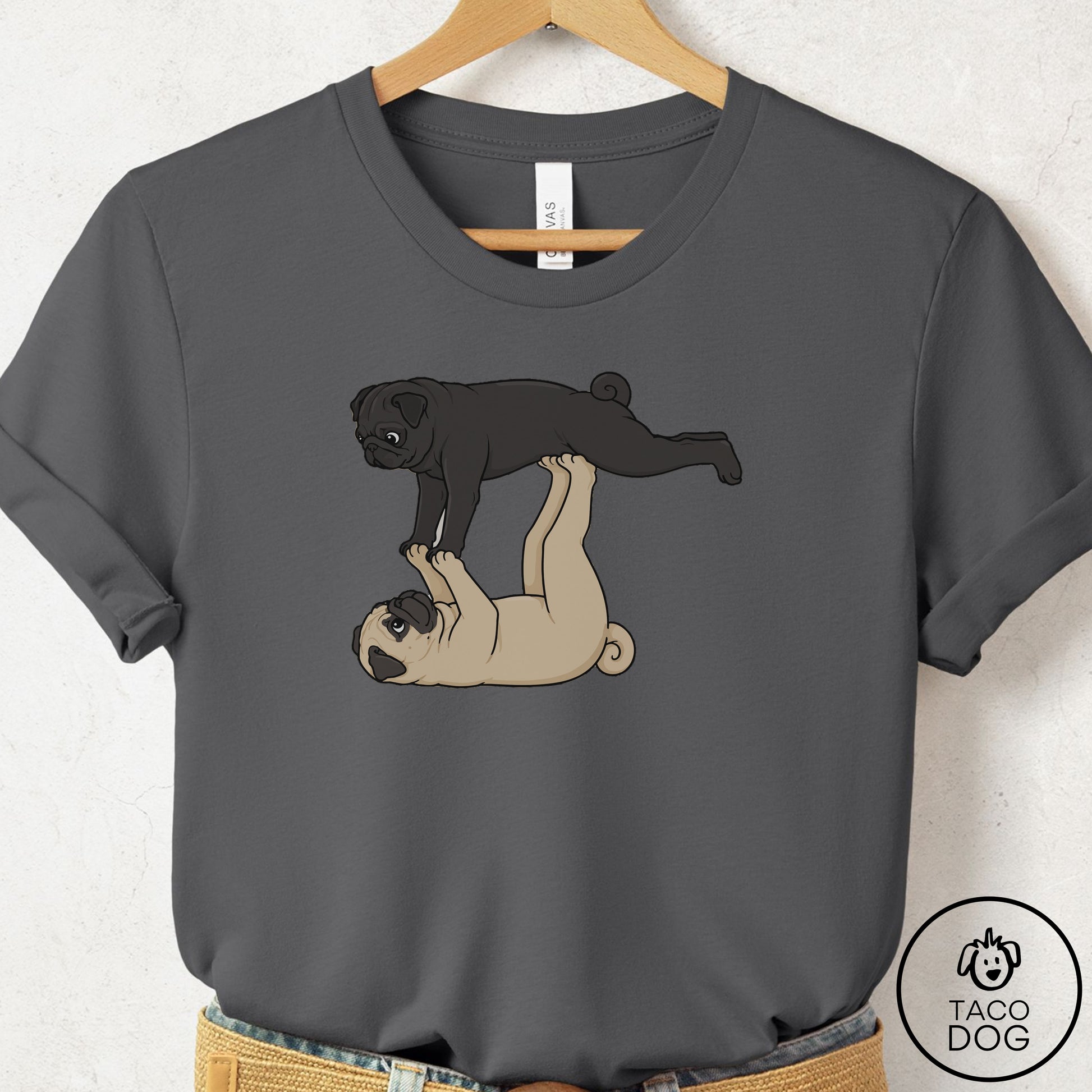 Pug Flying Feet T-Shirt Asphalt Taco-Dog