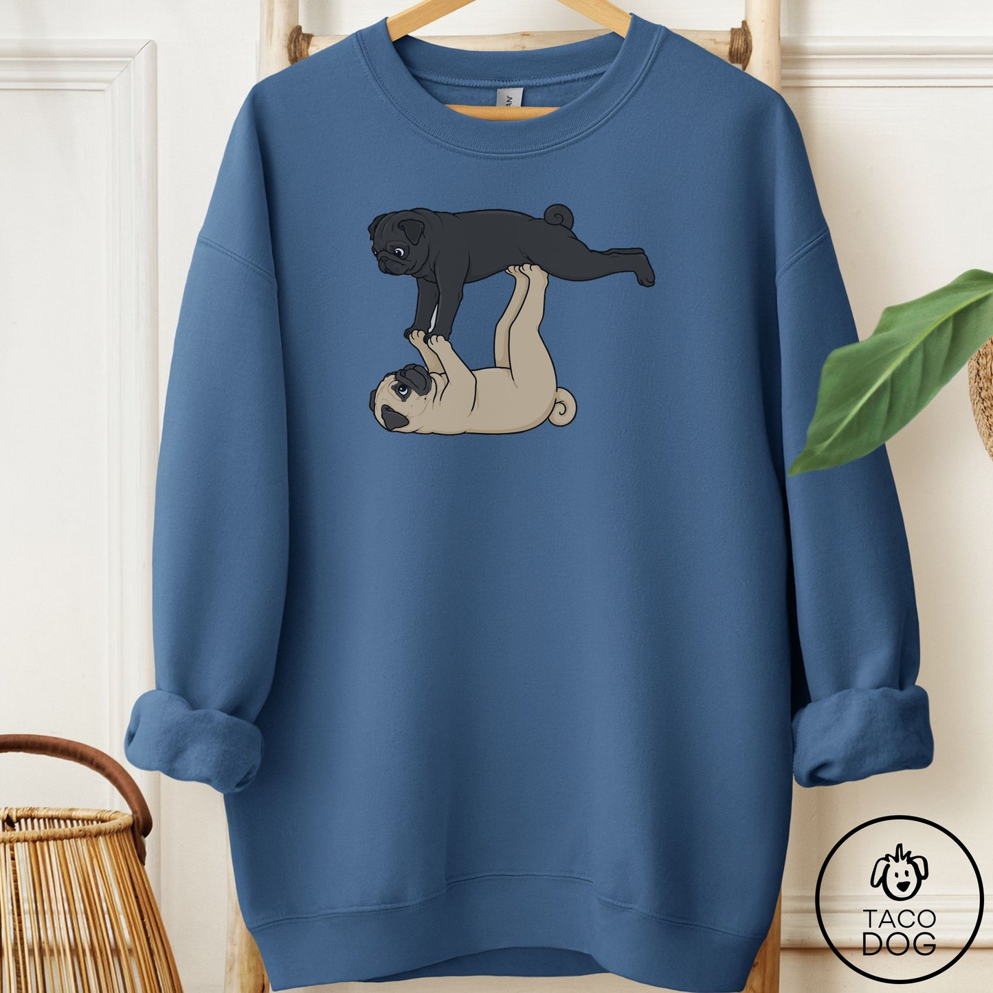 Pug Flying Feet Sweatshirt Indigo Blue Taco-Dog