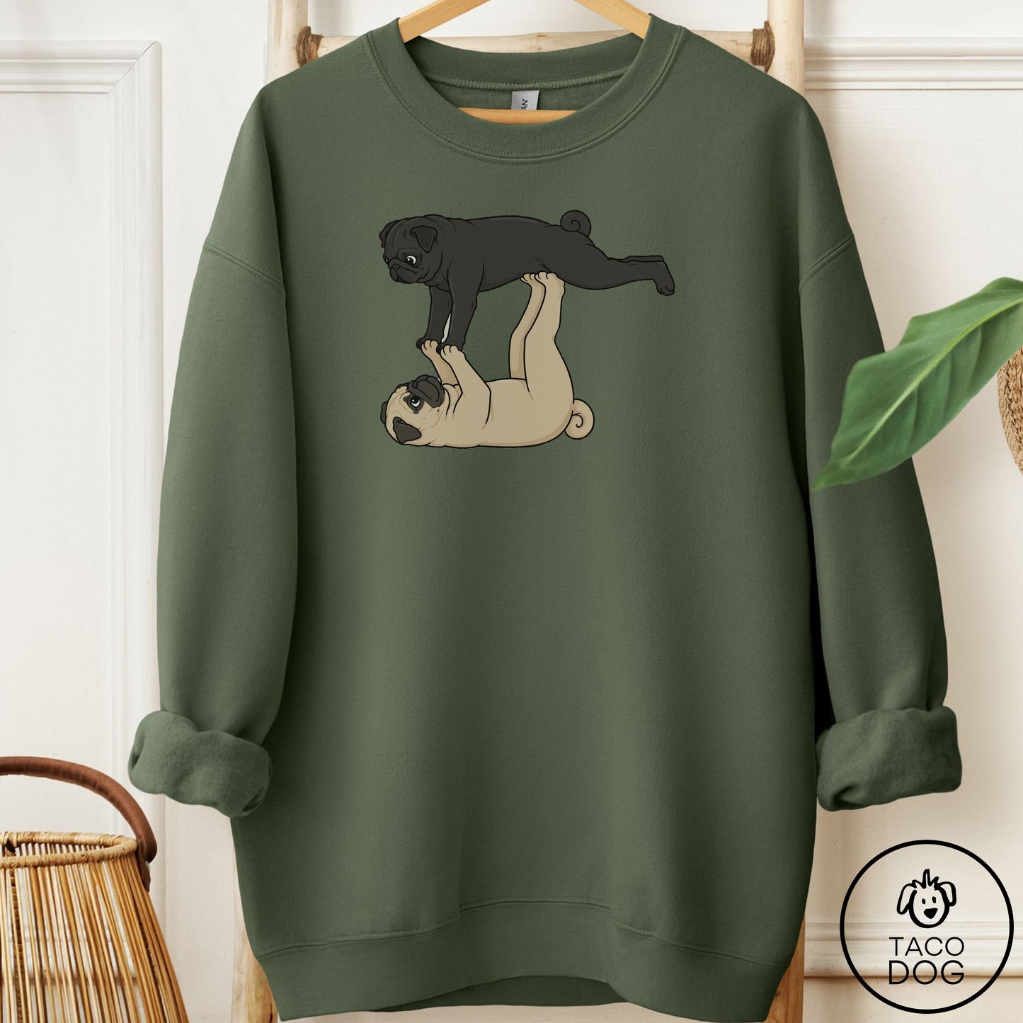 Pug Flying Feet Sweatshirt Military Green Taco-Dog