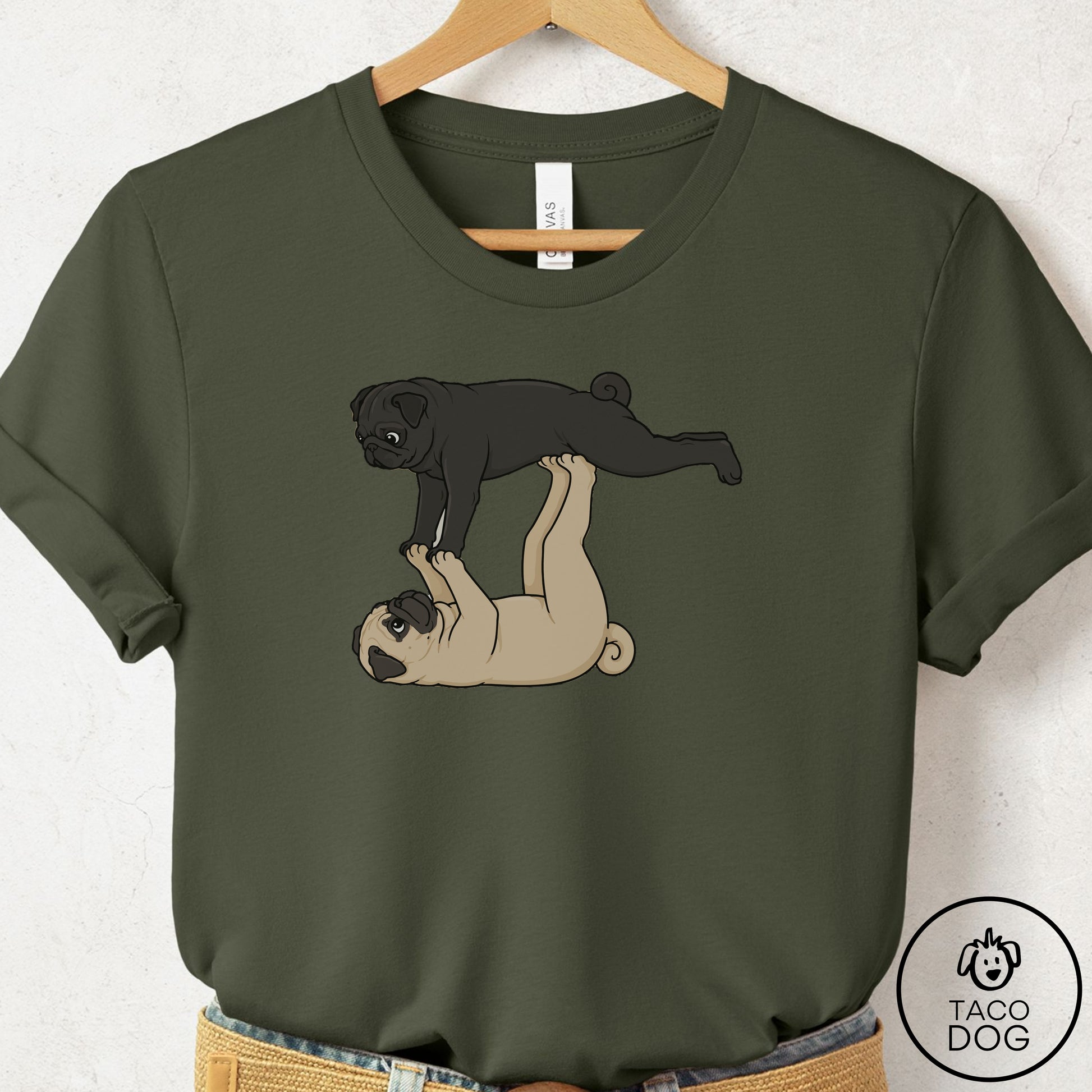 Pug Flying Feet T-Shirt Military Green Taco-Dog