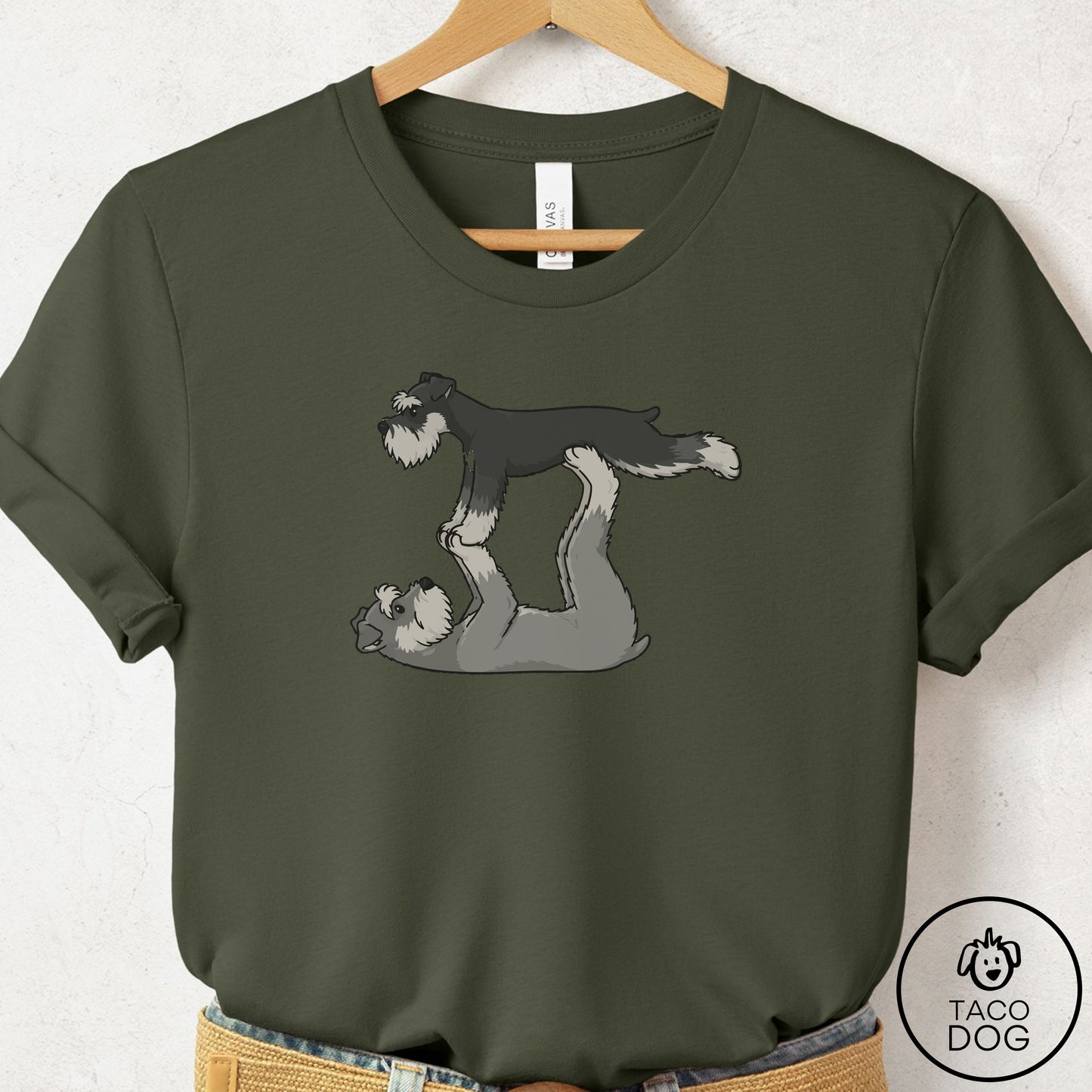Schnauzer Flying Feet T-Shirt Military Green Taco-Dog