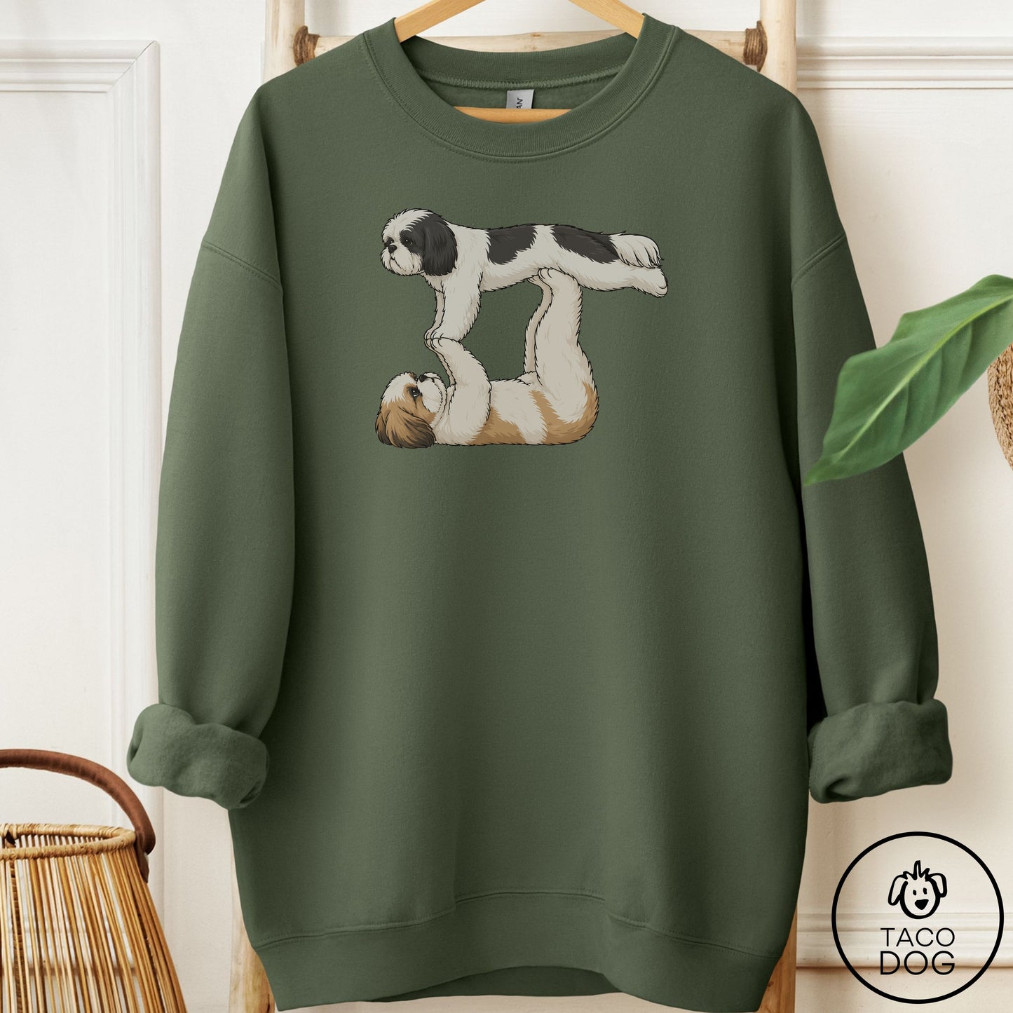 Shih Tzu Flying Feet Sweatshirt Military Green Taco-Dog