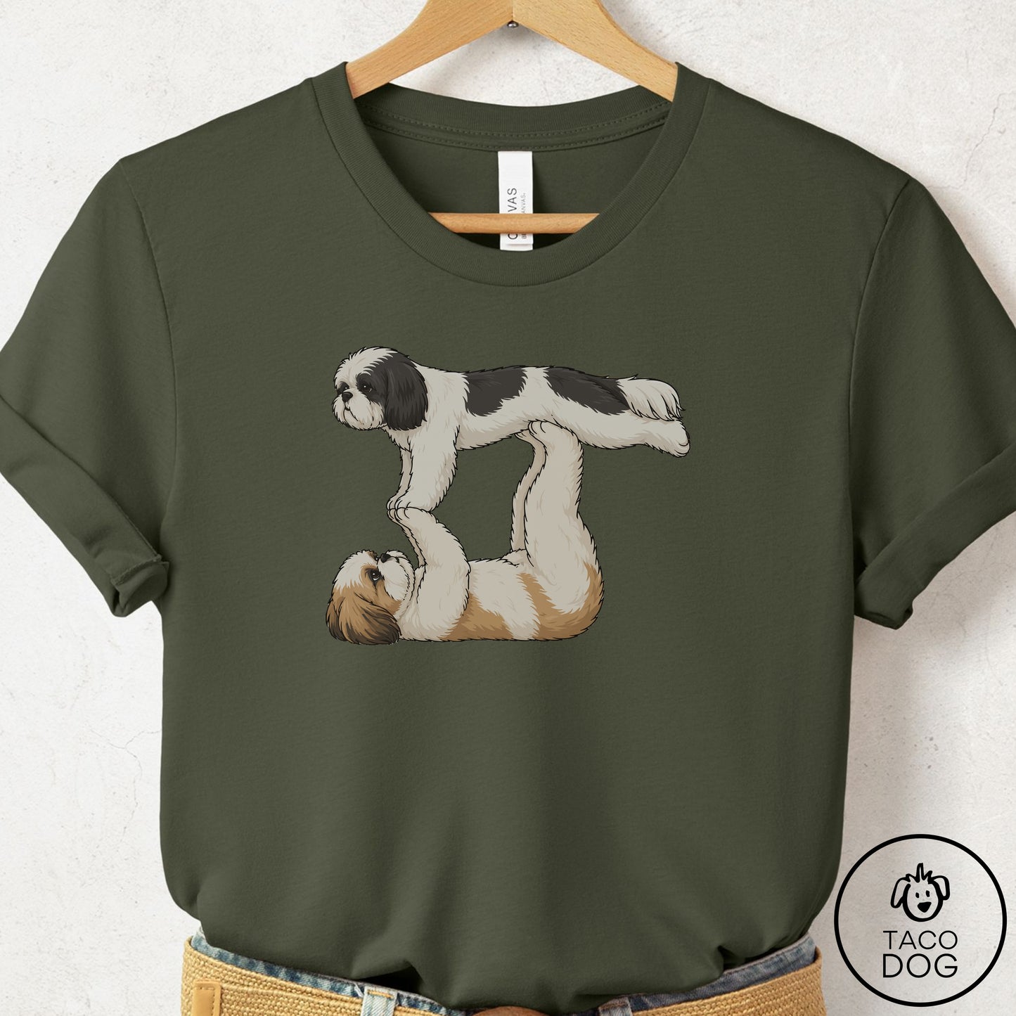 Shih Tzu Flying Feet T-Shirt Military Green Taco-Dog
