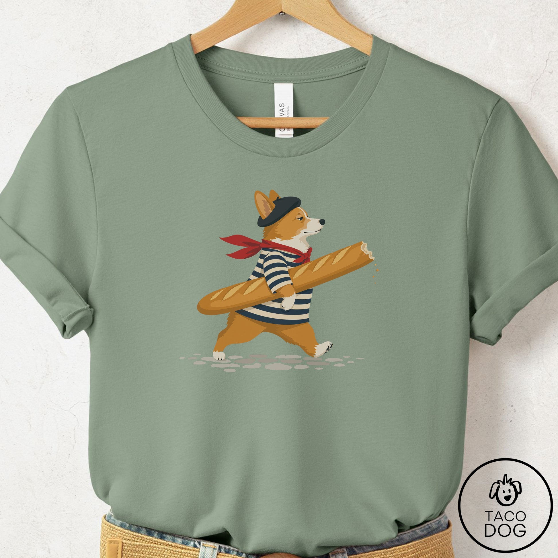 Corgi French T-Shirt Sage Taco-Dog