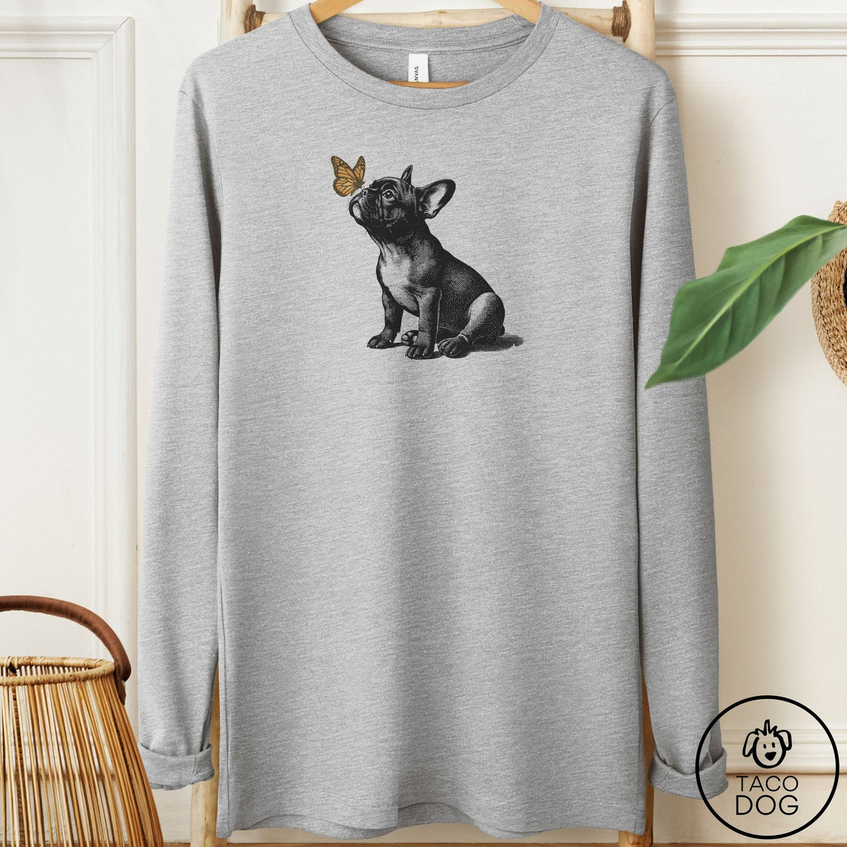 French Bulldog Frenchie Butterfly Long Sleeve Tee Athletic Heather Taco-Dog