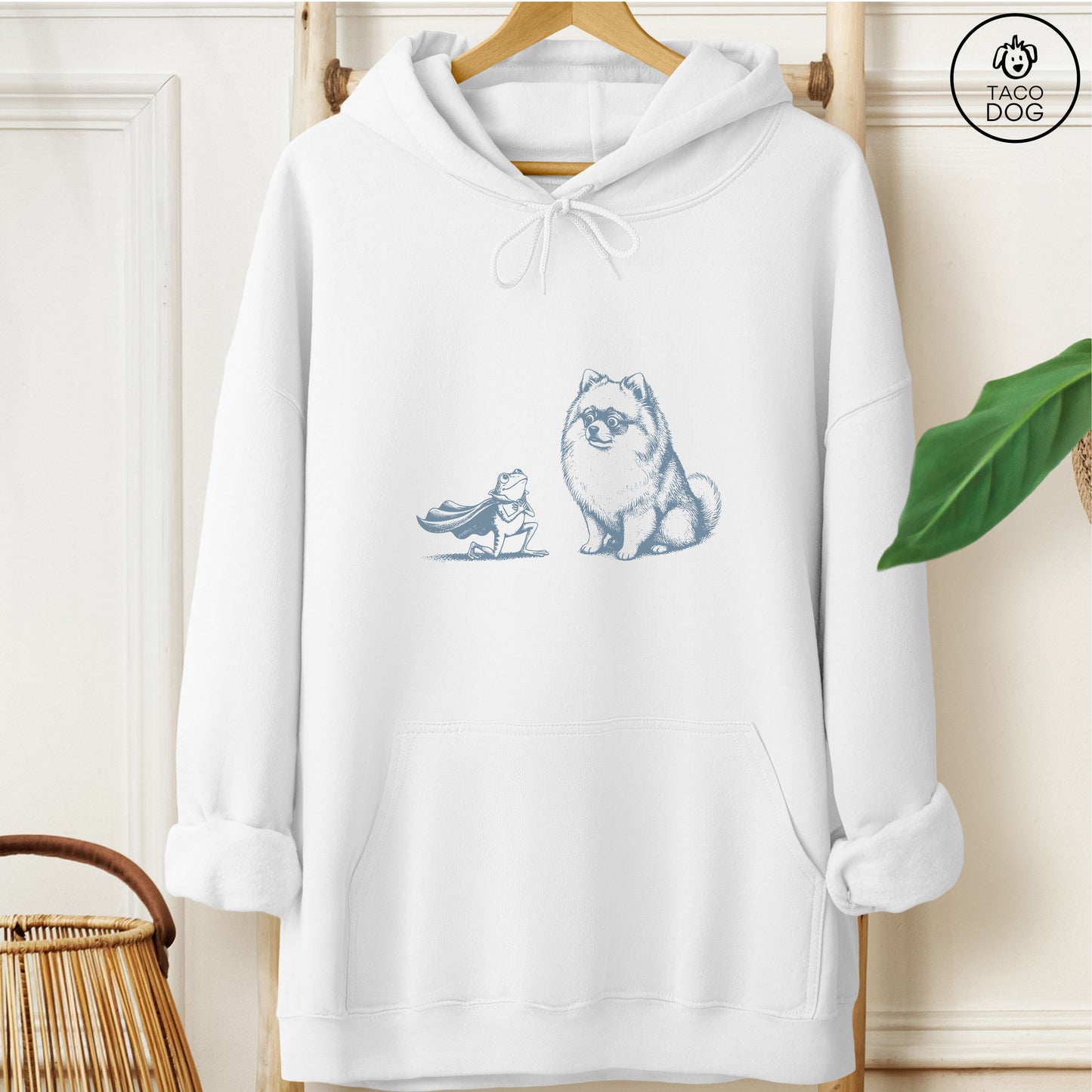 Pomeranian & Frog Hoodie White Taco-Dog