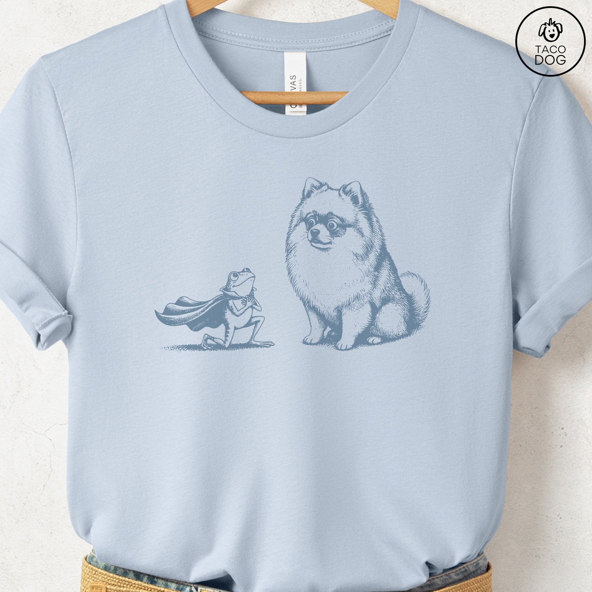 Pomeranian & Frog T-Shirt Light Blue Taco-Dog