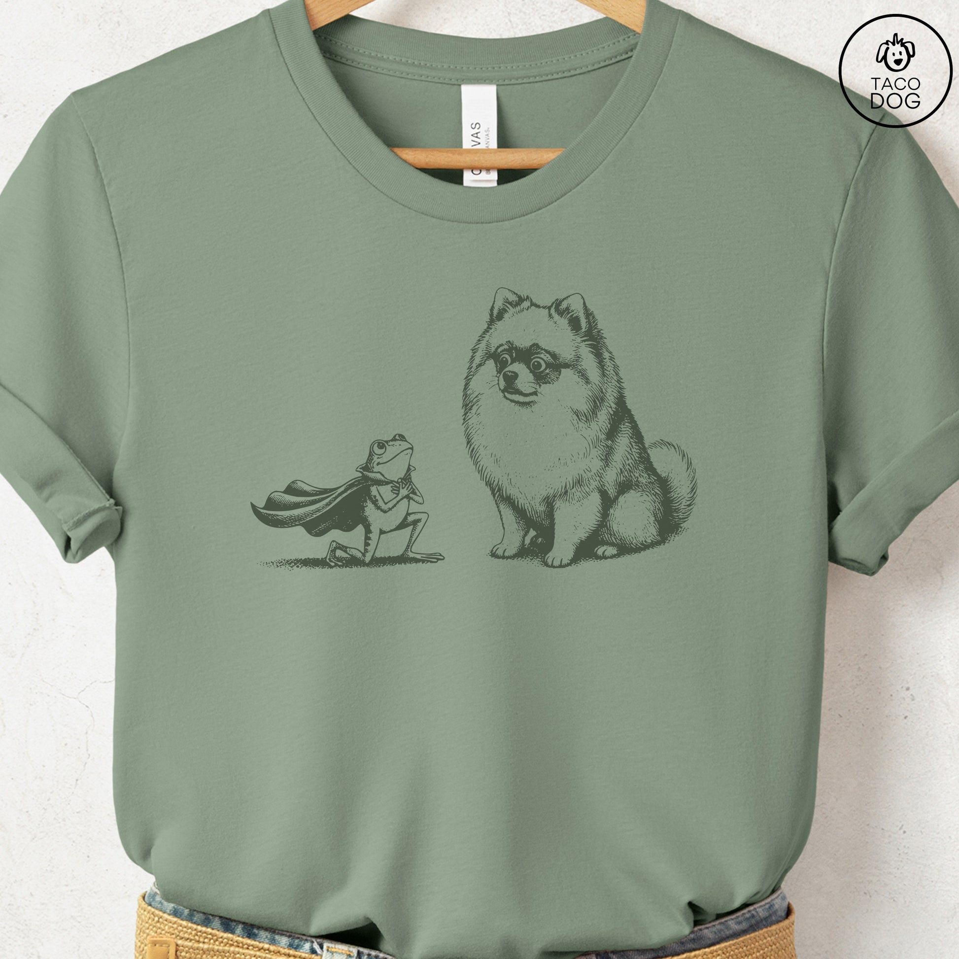 Pomeranian & Frog T-Shirt Sage Taco-Dog