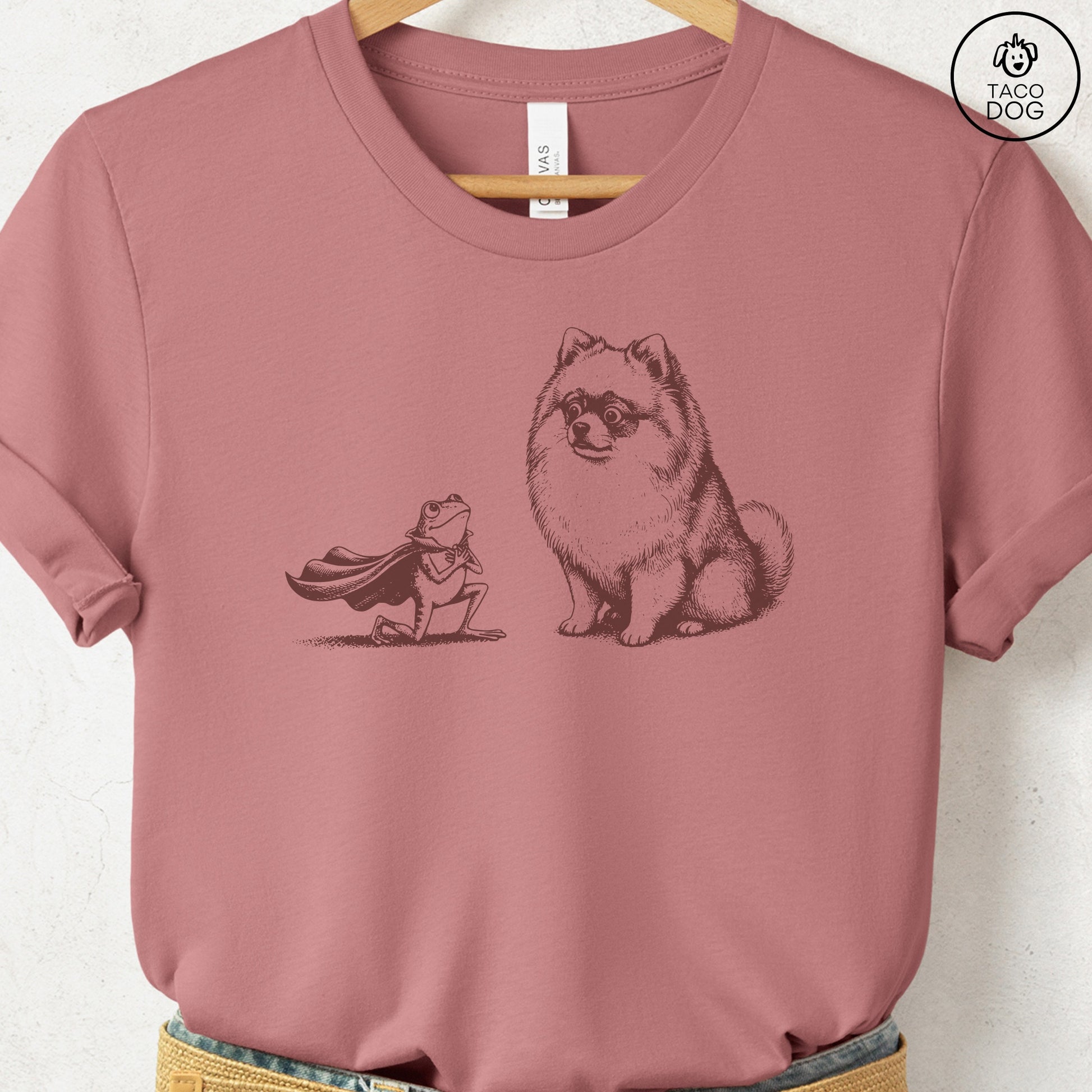 Pomeranian & Frog T-Shirt Heather Mauve Taco-Dog