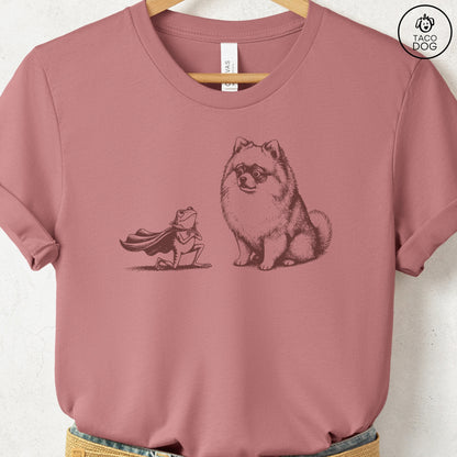Pomeranian & Frog T-Shirt Heather Mauve Taco-Dog
