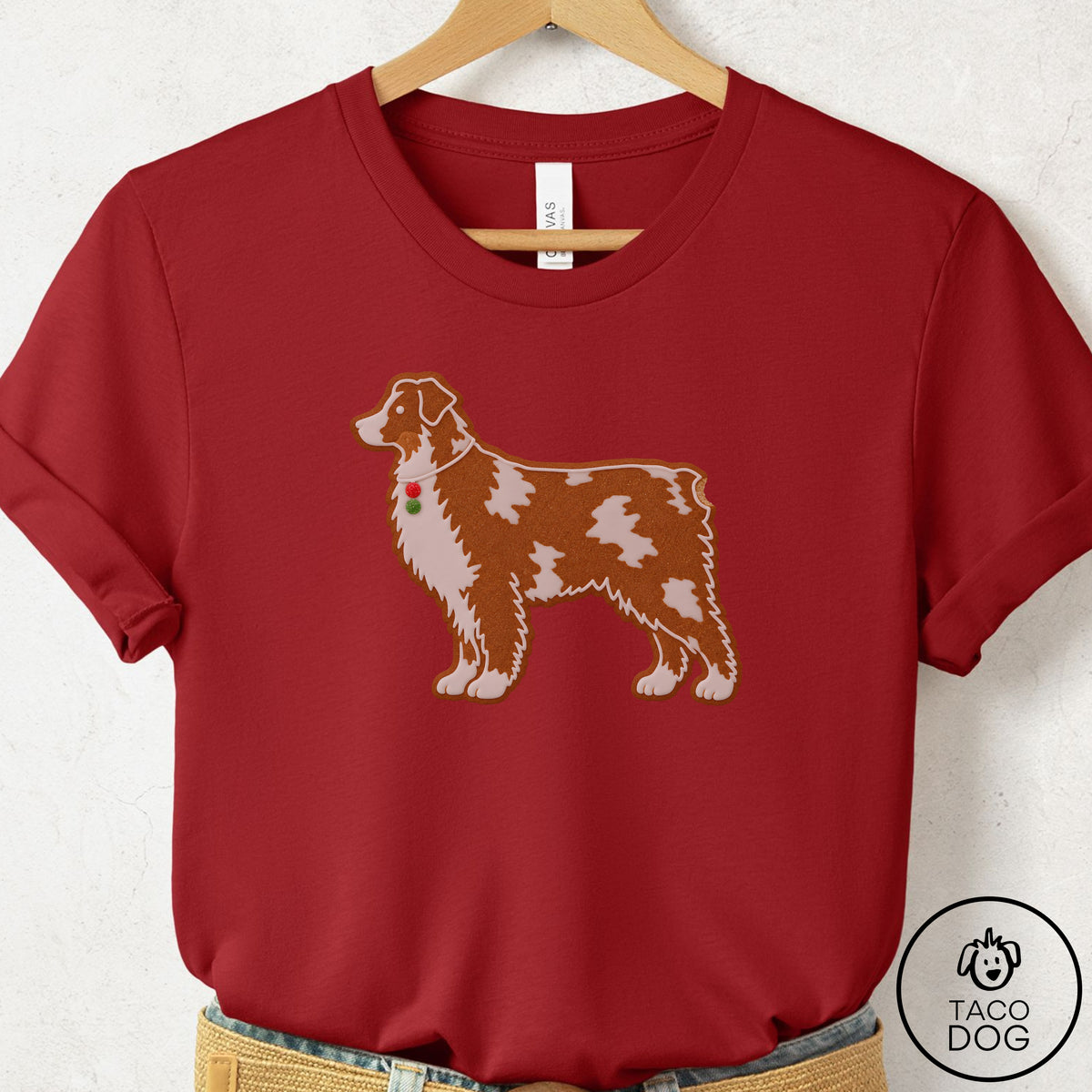 Australian Shepherd Gingerbread T-Shirt Canvas Red Taco-Dog