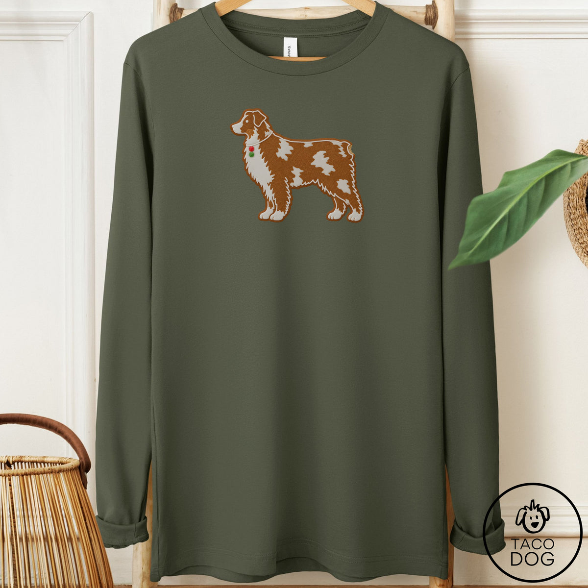 Australian Shepherd Gingerbread Long Sleeve Tee Military Green Taco-Dog