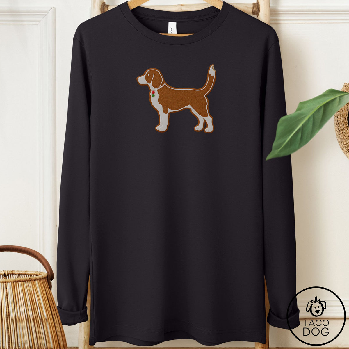 Beagle Gingerbread Long Sleeve Tee Black Taco-Dog