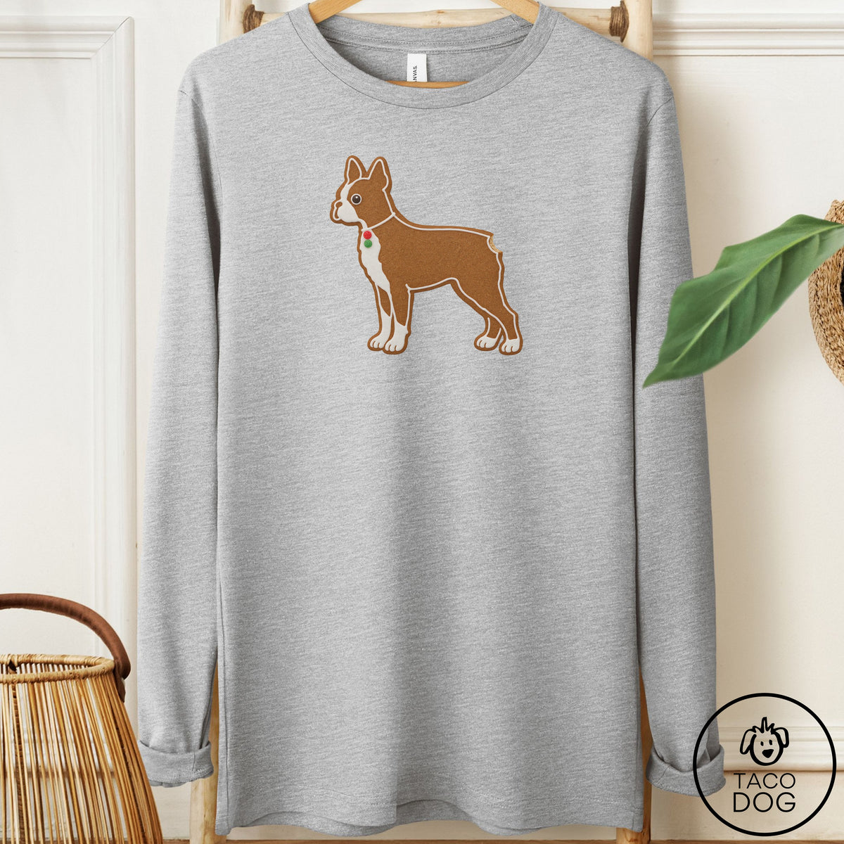 Boston Terrier Gingerbread Long Sleeve Tee Athletic Heather Taco-Dog