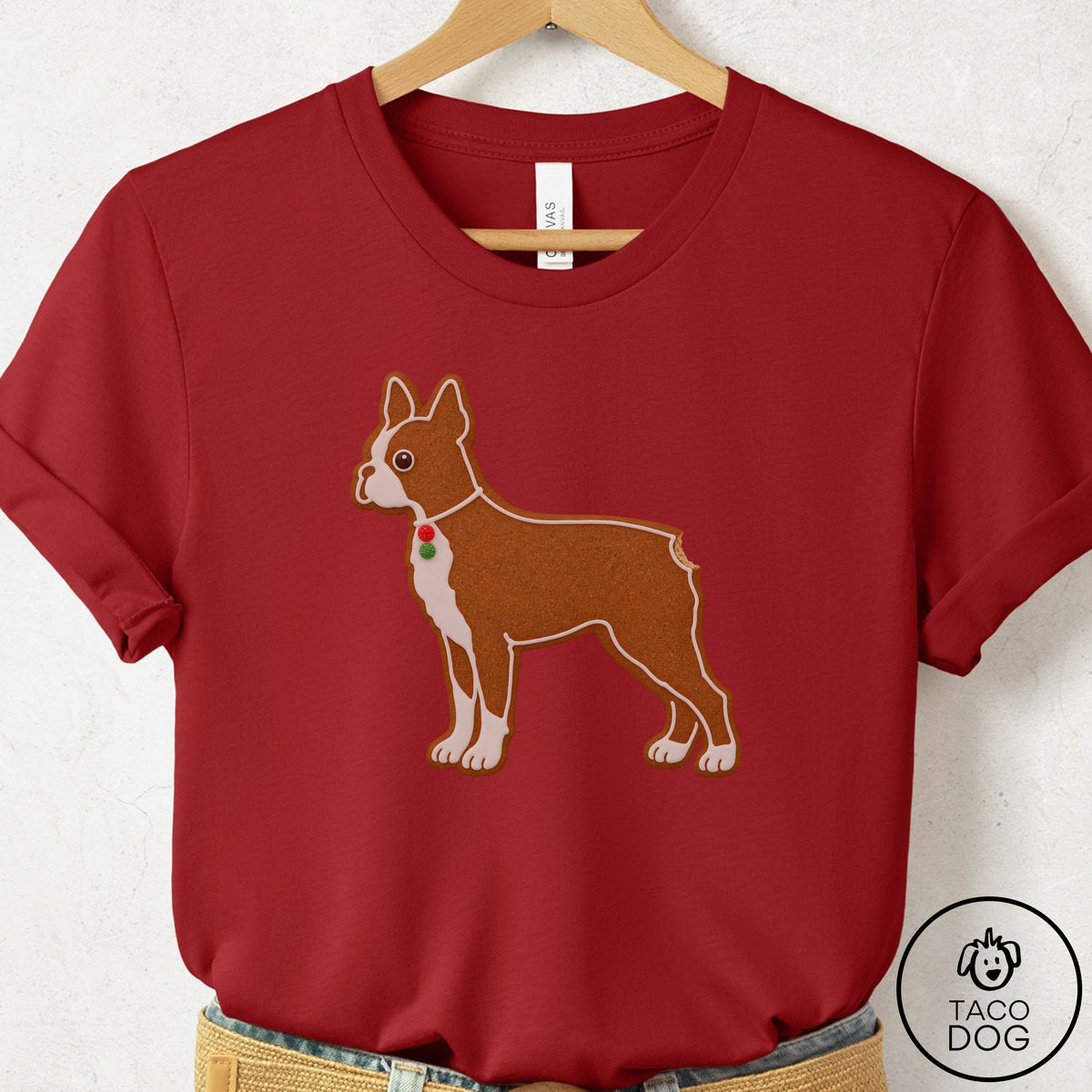 Boston Terrier Gingerbread T-Shirt Canvas Red Taco-Dog
