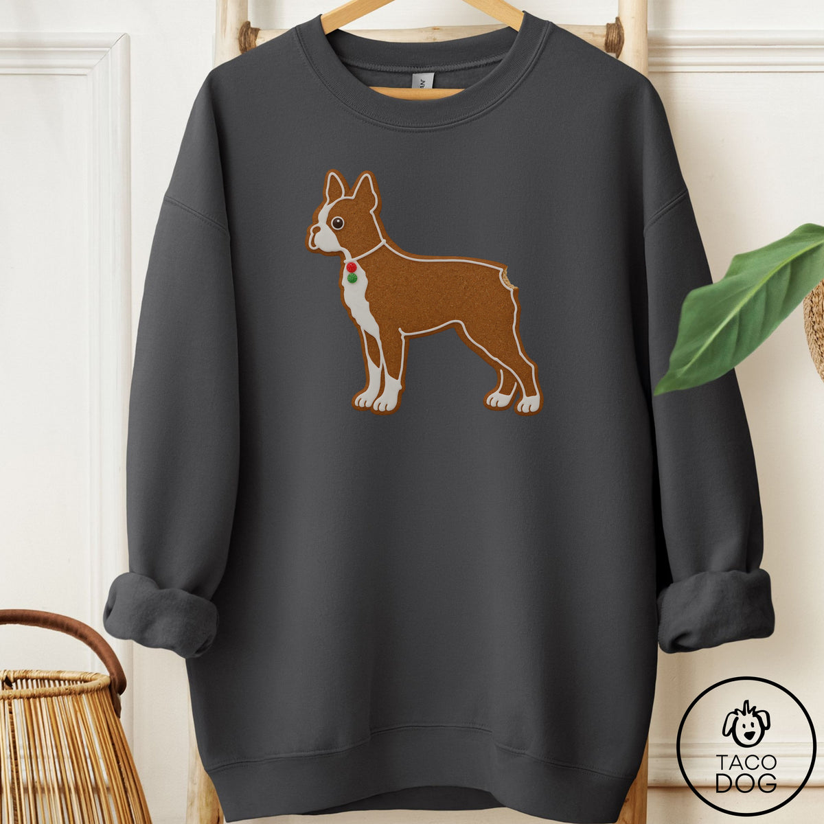 Boston Terrier Gingerbread Sweatshirt Charcoal Taco-Dog