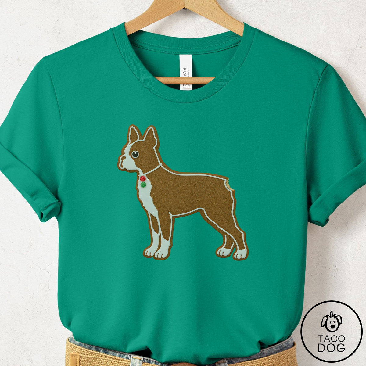 Boston Terrier Gingerbread T-Shirt Kelly Taco-Dog