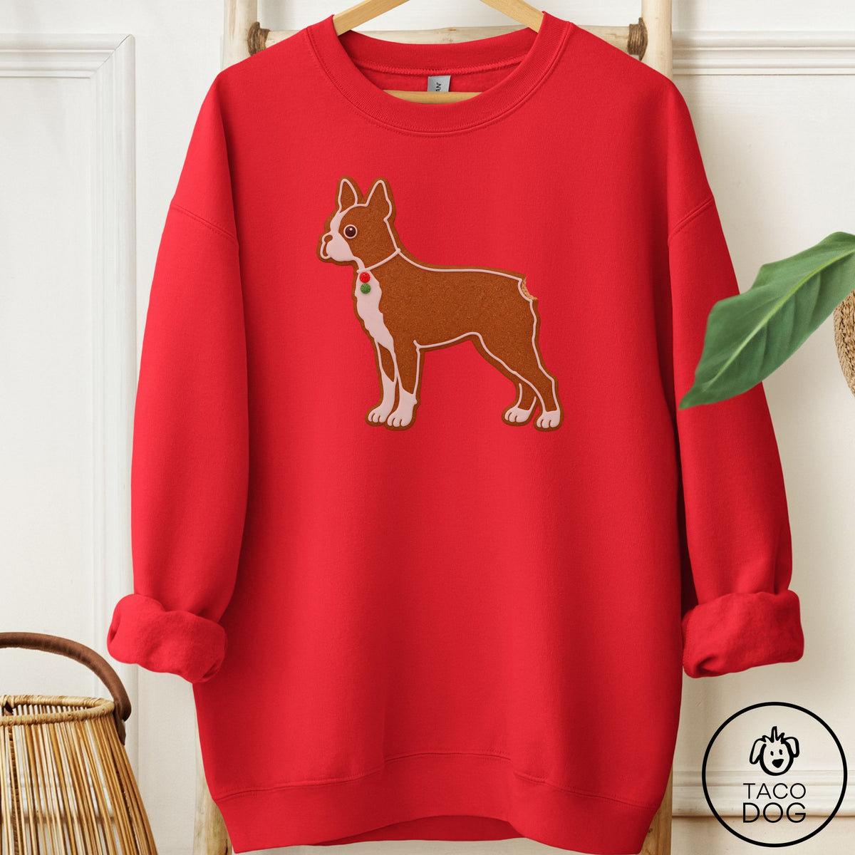 Boston Terrier Gingerbread Sweatshirt Red Taco-Dog