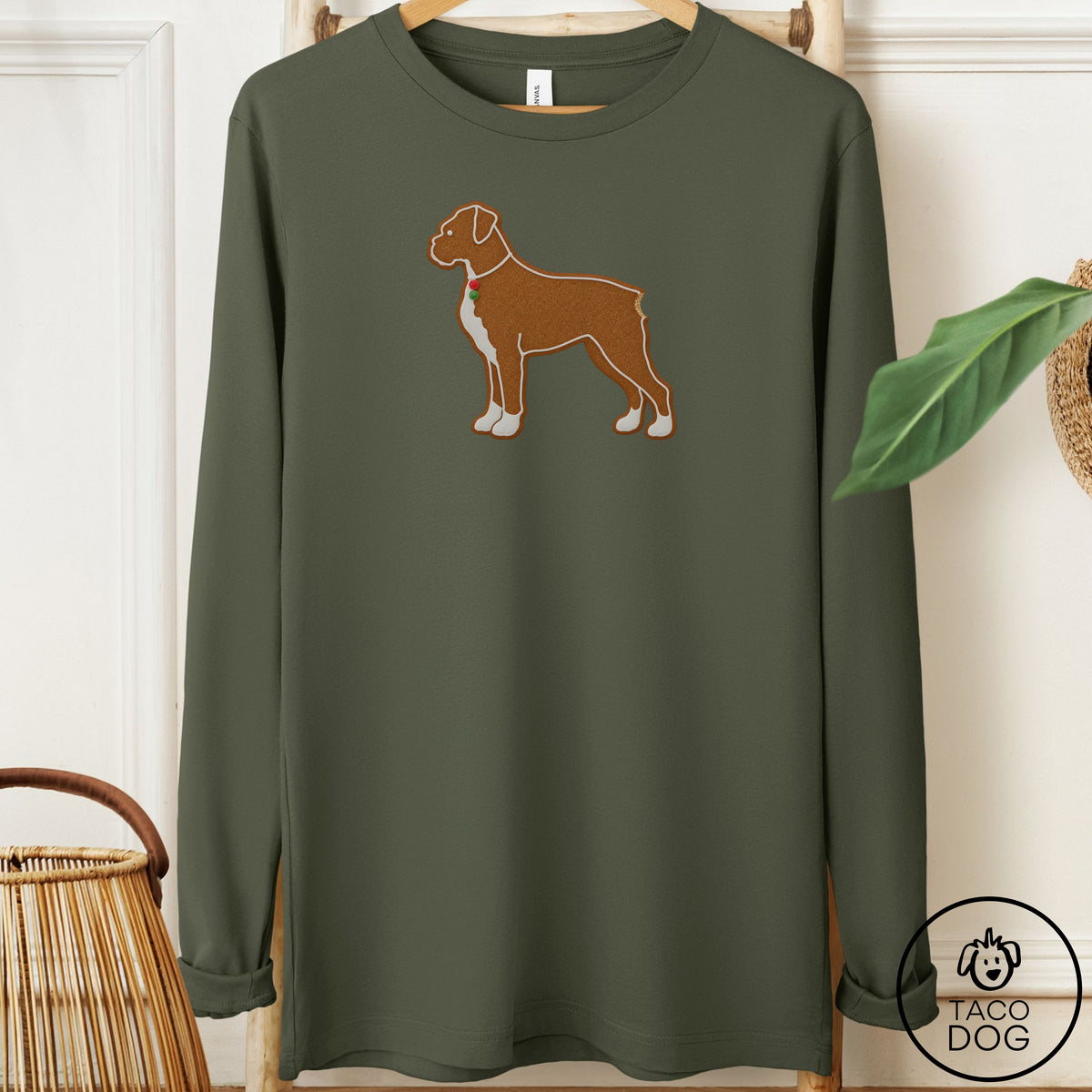 Boxer Gingerbread Long Sleeve Tee Military Green Taco-Dog