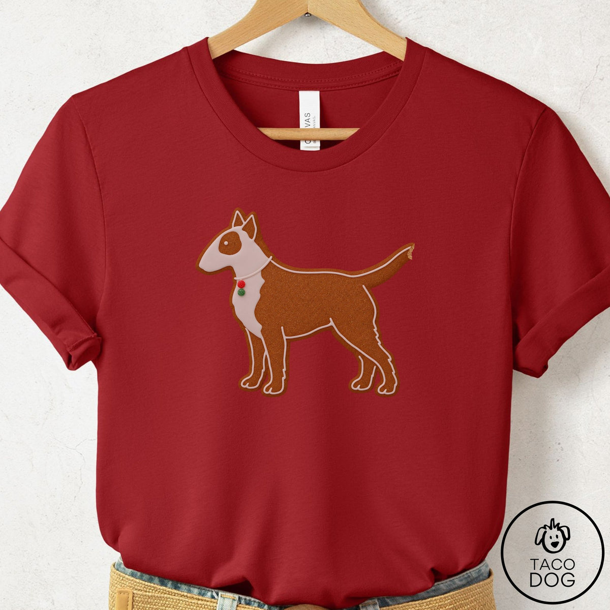 Bull Terrier Gingerbread T-Shirt Canvas Red Taco-Dog