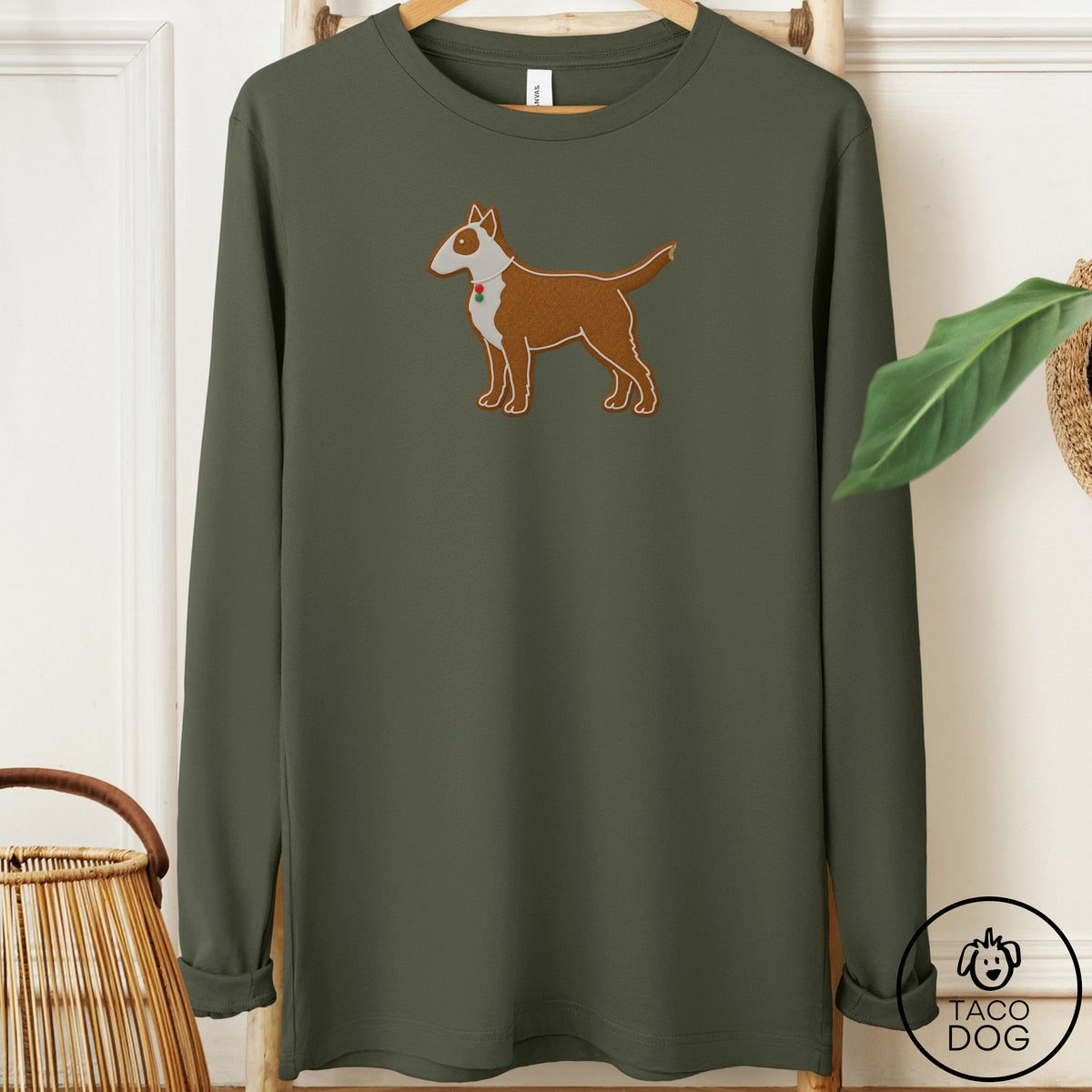 Bull Terrier Gingerbread Long Sleeve Tee Military Green Taco-Dog