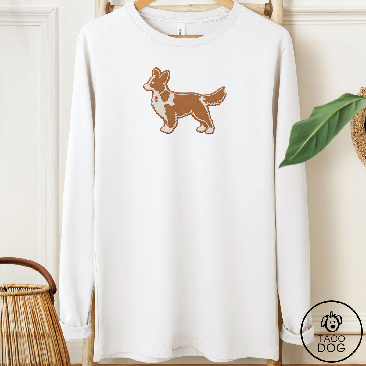 Cardigan Welsh Corgi Gingerbread Long Sleeve Tee White Taco-Dog