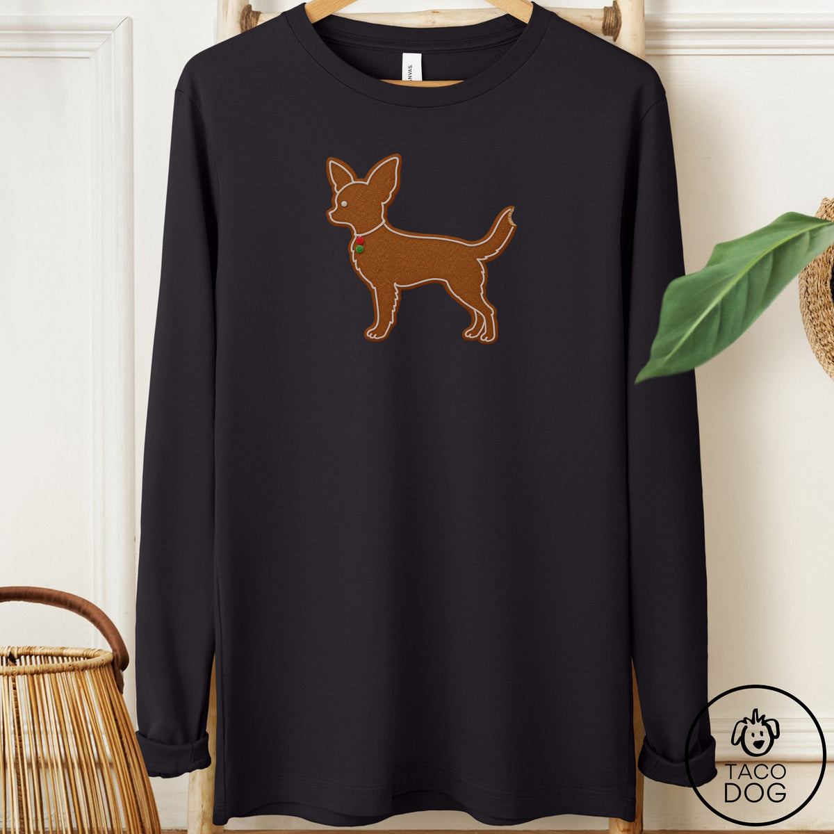 Chihuahua Gingerbread Long Sleeve Tee Black Taco-Dog