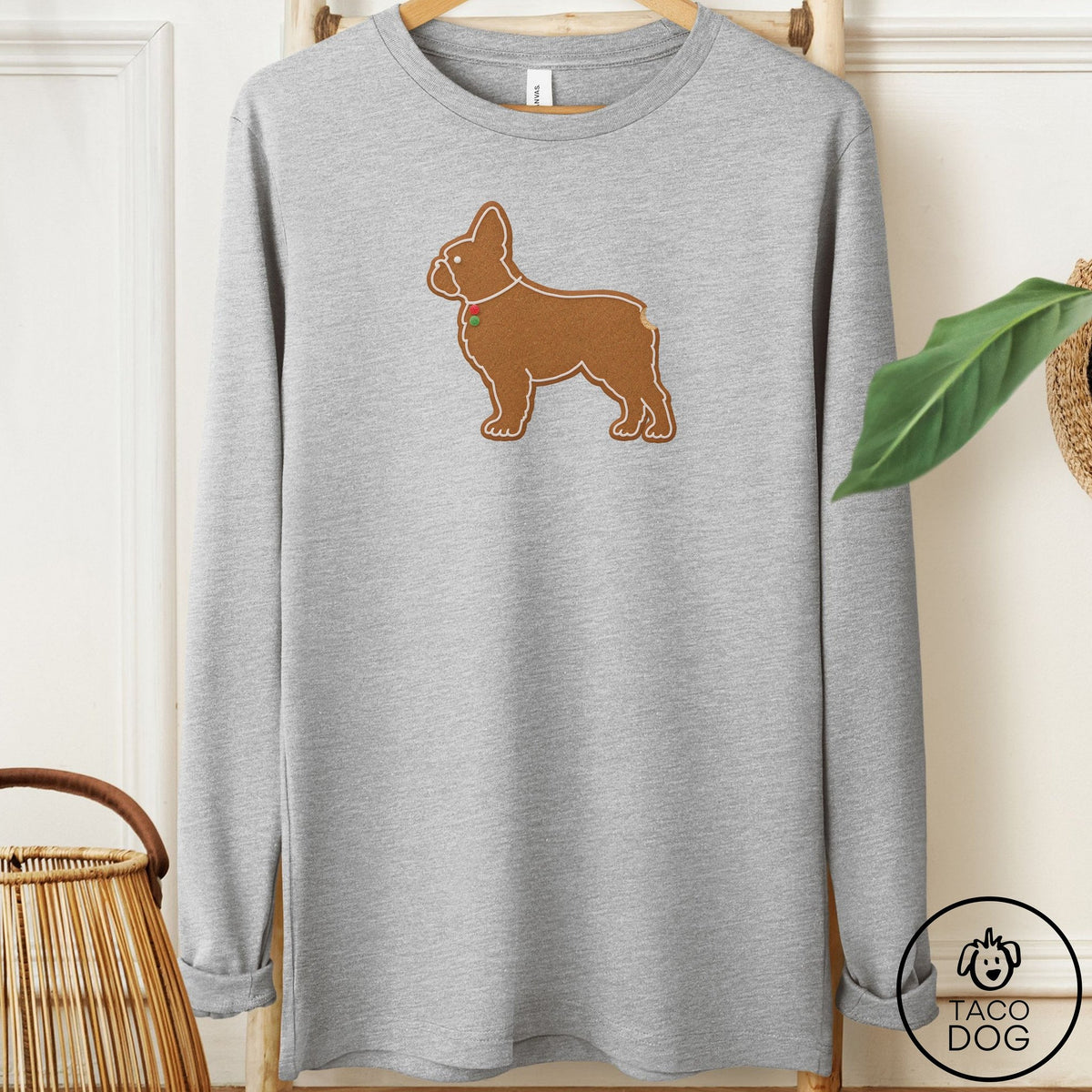French Bulldog Frenchie Gingerbread Long Sleeve Tee Athletic Heather Taco-Dog