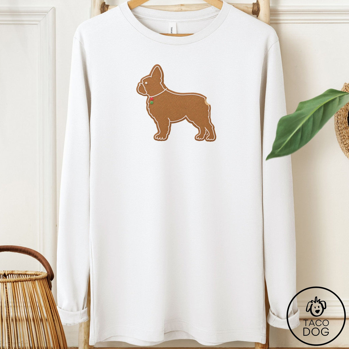 French Bulldog Frenchie Gingerbread Long Sleeve Tee White Taco-Dog