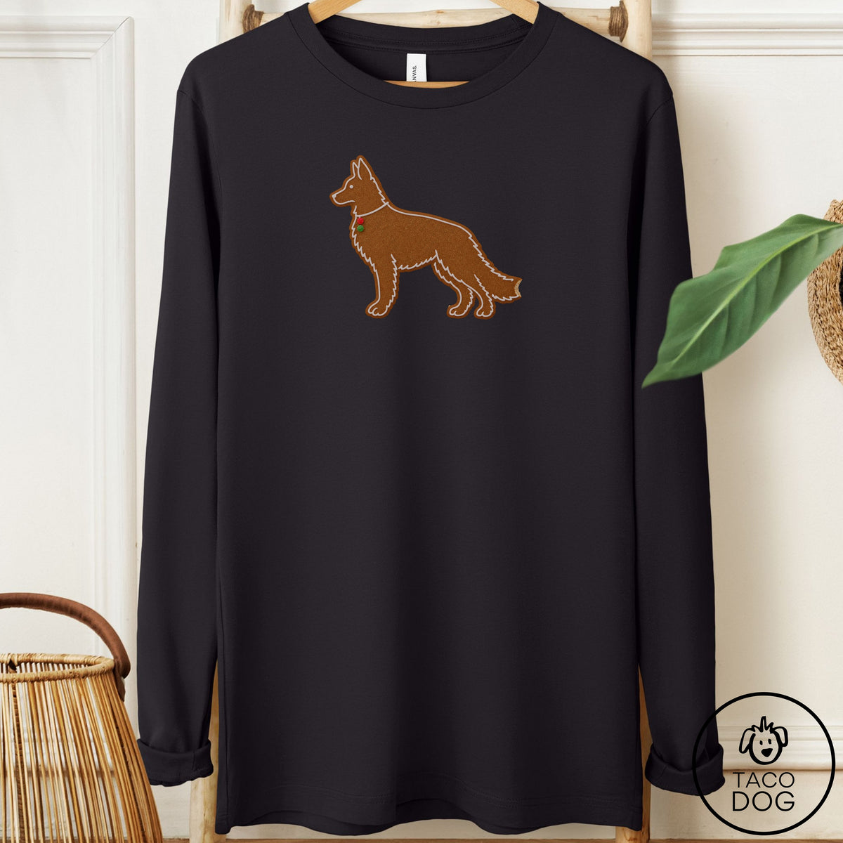 German Shepherd Gingerbread Long Sleeve Tee Black Taco-Dog