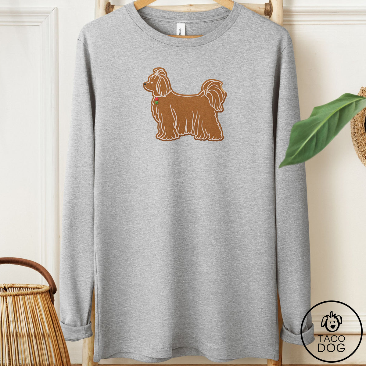 Maltese Gingerbread Long Sleeve Tee Athletic Heather Taco-Dog