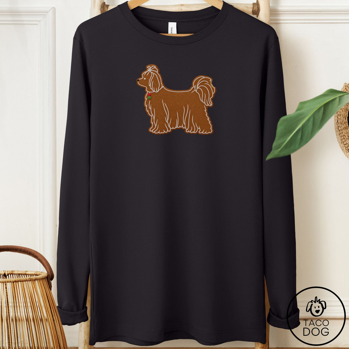Maltese Gingerbread Long Sleeve Tee Black Taco-Dog