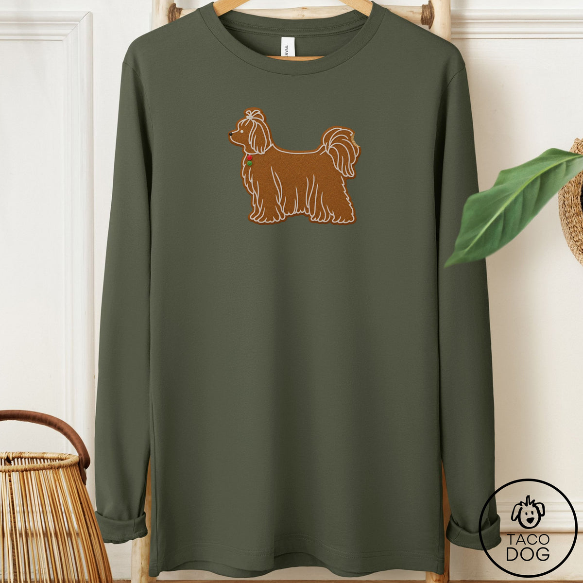 Maltese Gingerbread Long Sleeve Tee Military Green Taco-Dog