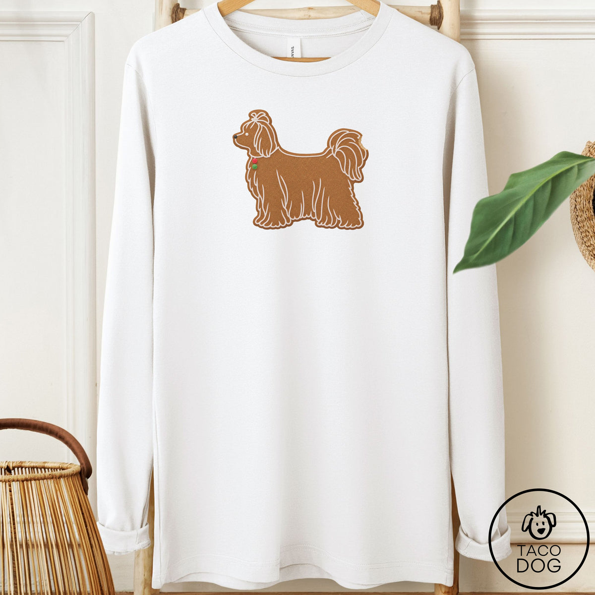 Maltese Gingerbread Long Sleeve Tee White Taco-Dog