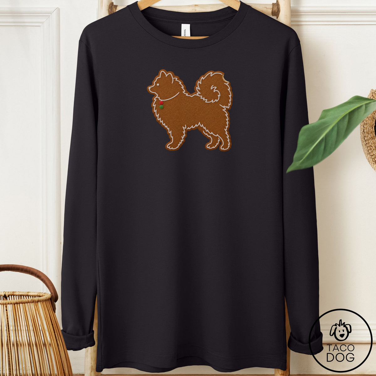 Pomeranian Gingerbread Long Sleeve Tee Black Taco-Dog