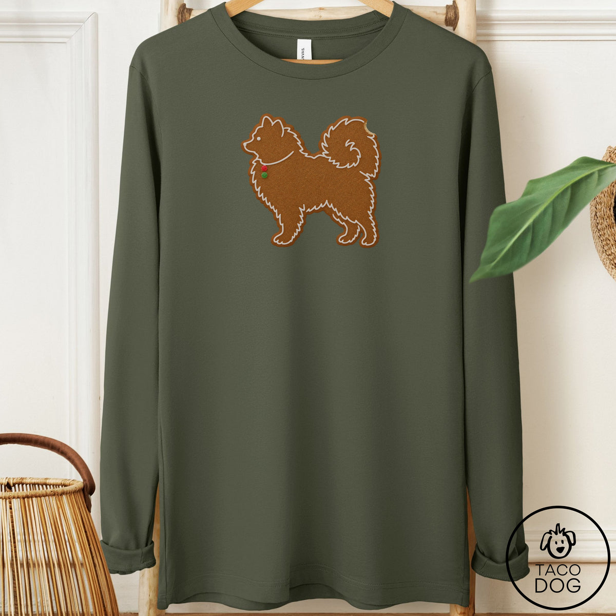 Pomeranian Gingerbread Long Sleeve Tee Military Green Taco-Dog